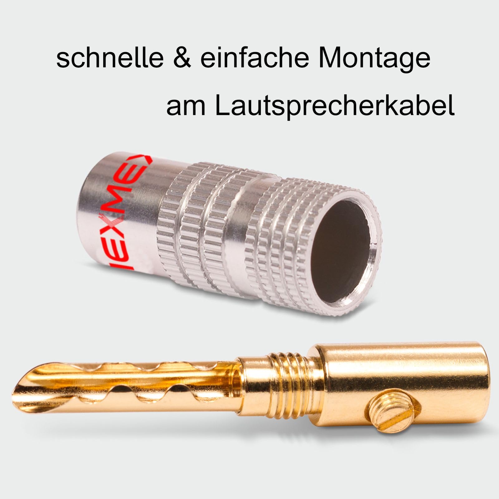 NEXMEX Hohl Bananenstecker 4mm - 20 Stück Stecker als Set - Hohl Steckverbinder 24K vergoldet Hohlbananas für Lautsprecherkabel - HiFi Lautsprecheranschluss