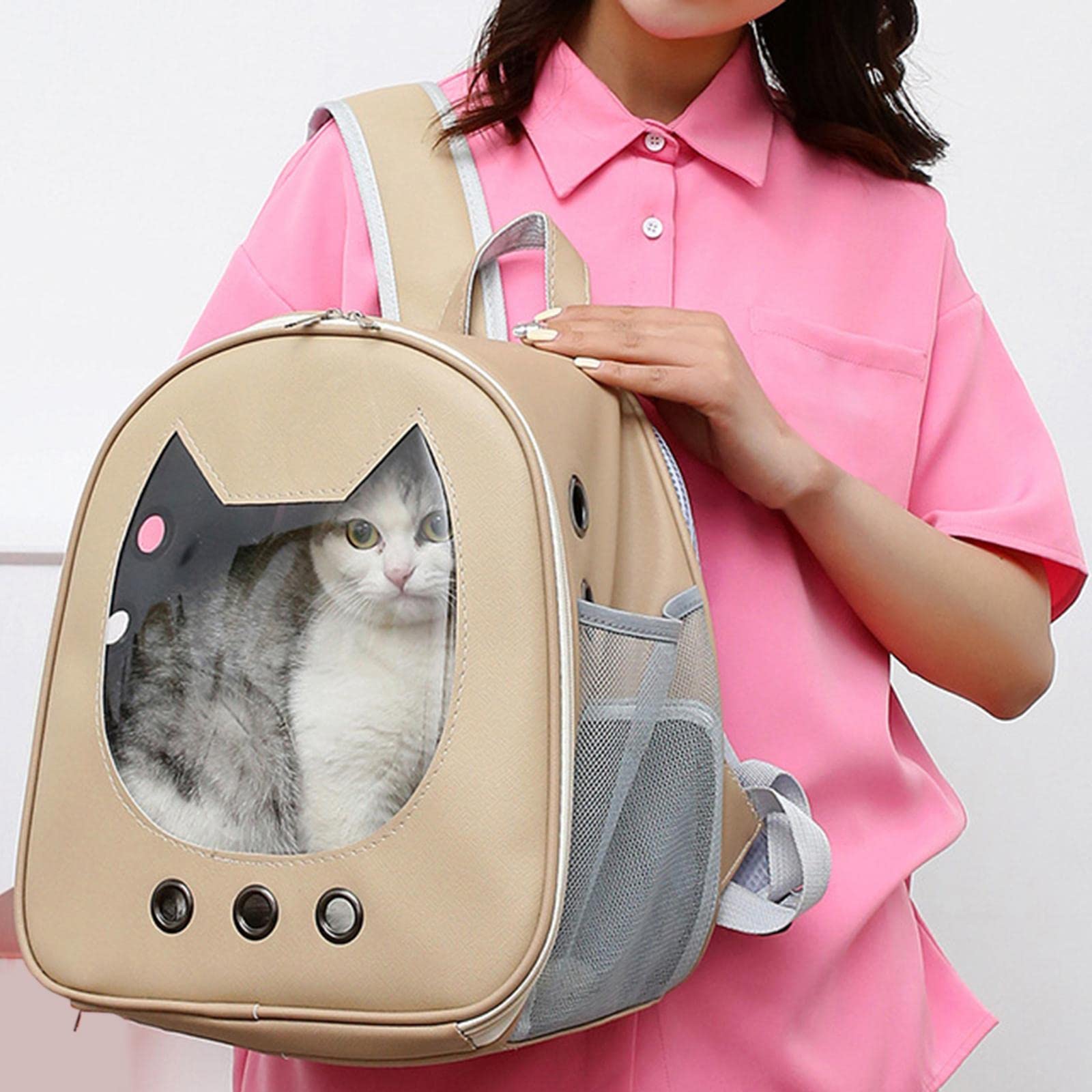 Transportadora Burbuja para Gatos Mochila Transportadora Cápsula Espaciosa Transparente Fabricada en Cuero PU y Tela de Malla Transpirable Apta para, Khaki