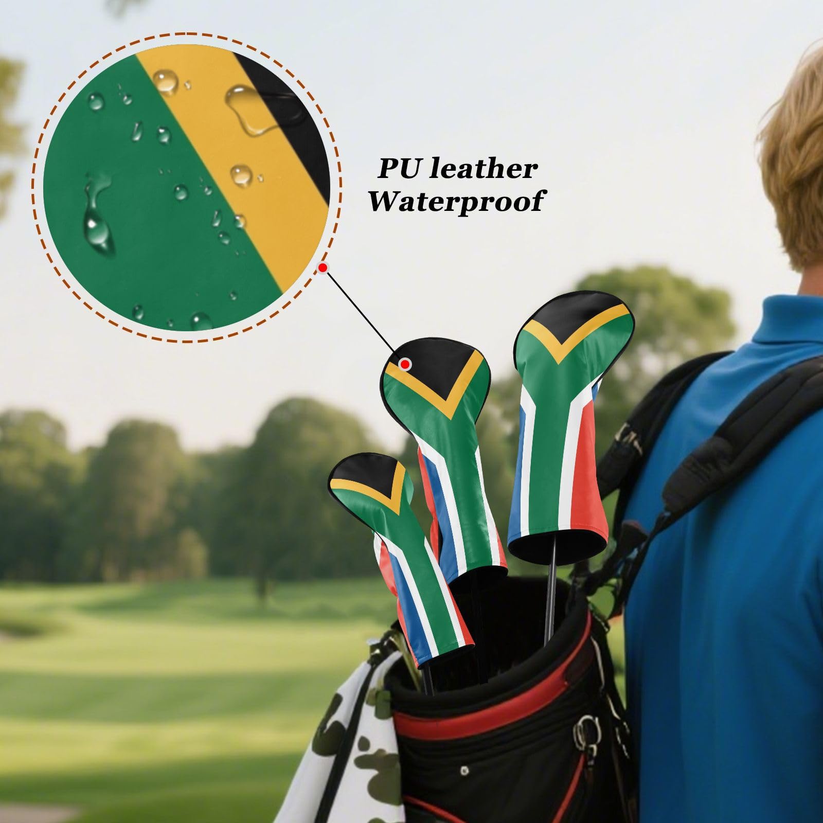 Südafrika-Flagge, südafrikanische Nationalgolfhaube, PU-Leder mit Nummernschildern für Fahrer-Hybrid- und Fairwayhölzer