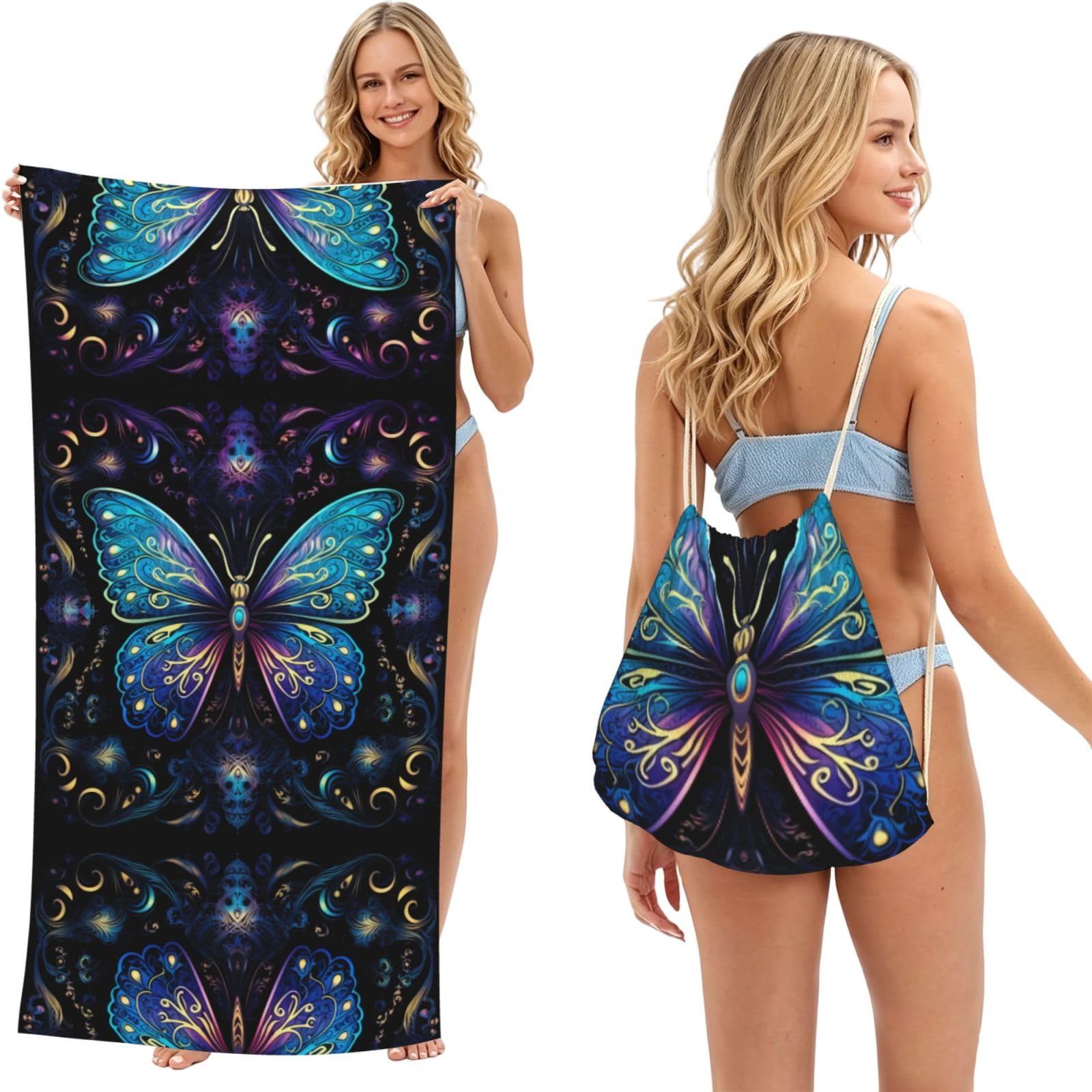 SXZVVBN Gorgeous Blue Butterfly 2-in-1 Beach Towel Bag, Quick Dry Sand Free Travel Towel Backpack for Adults