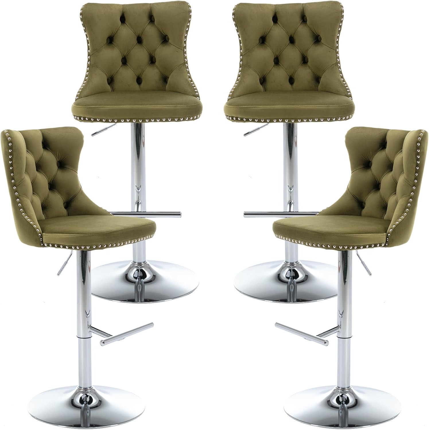 Olive Velvet Bar Stools Set of 4 - Adjustable Swivel Olive Green Counter Height Chairs with Tufted Back and Nailhead Trim for Kitchen Island (Olive Green, Chrome Metal, 4 Pcs)