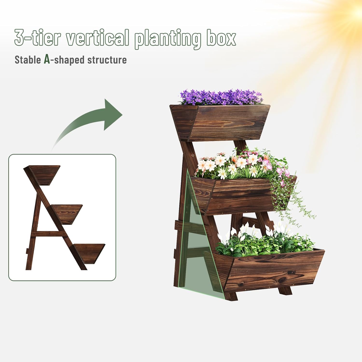 Vertical Wooden Raised Garden Bed, Garden Planters Freestanding Wood Plant Stand Flower Rack Wooden Planter Box for Plants Herbs Flowers Vegetables Outdoor Indoor Gardening (3-Tier Small Carbonized)