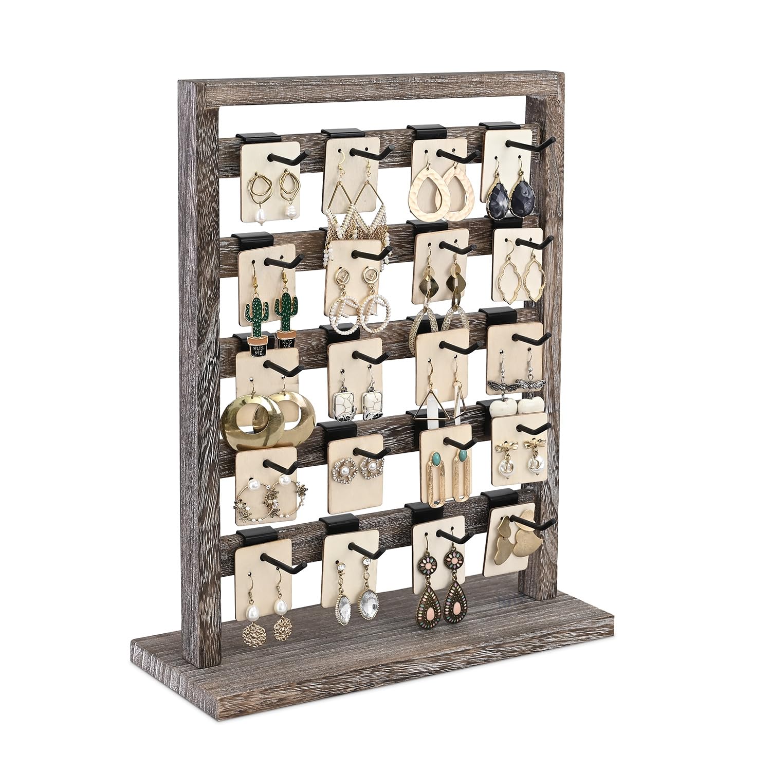 Ikee Design Wooden Jewelry Display Rack with 20 Hooks, Earring Card Display Holder Stand with Hooks, Jewelry Tower for Earring Cards, Necklaces, Keychains, Coffee Color, 11.75"W x 4.6"D x 15.4"H