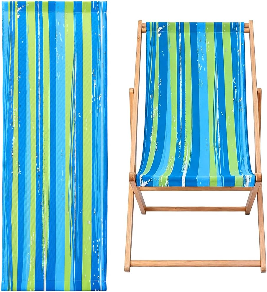 GORGECRAFT 120x43.5cm Beach Sling Chair Replacement Canvas Patio Lounge Chair Cloth 12oz Thicker Green Blue Stripe Foldable Outdoor Reclining Fabric for Summer Beach Courtyard Garden Sunbathing