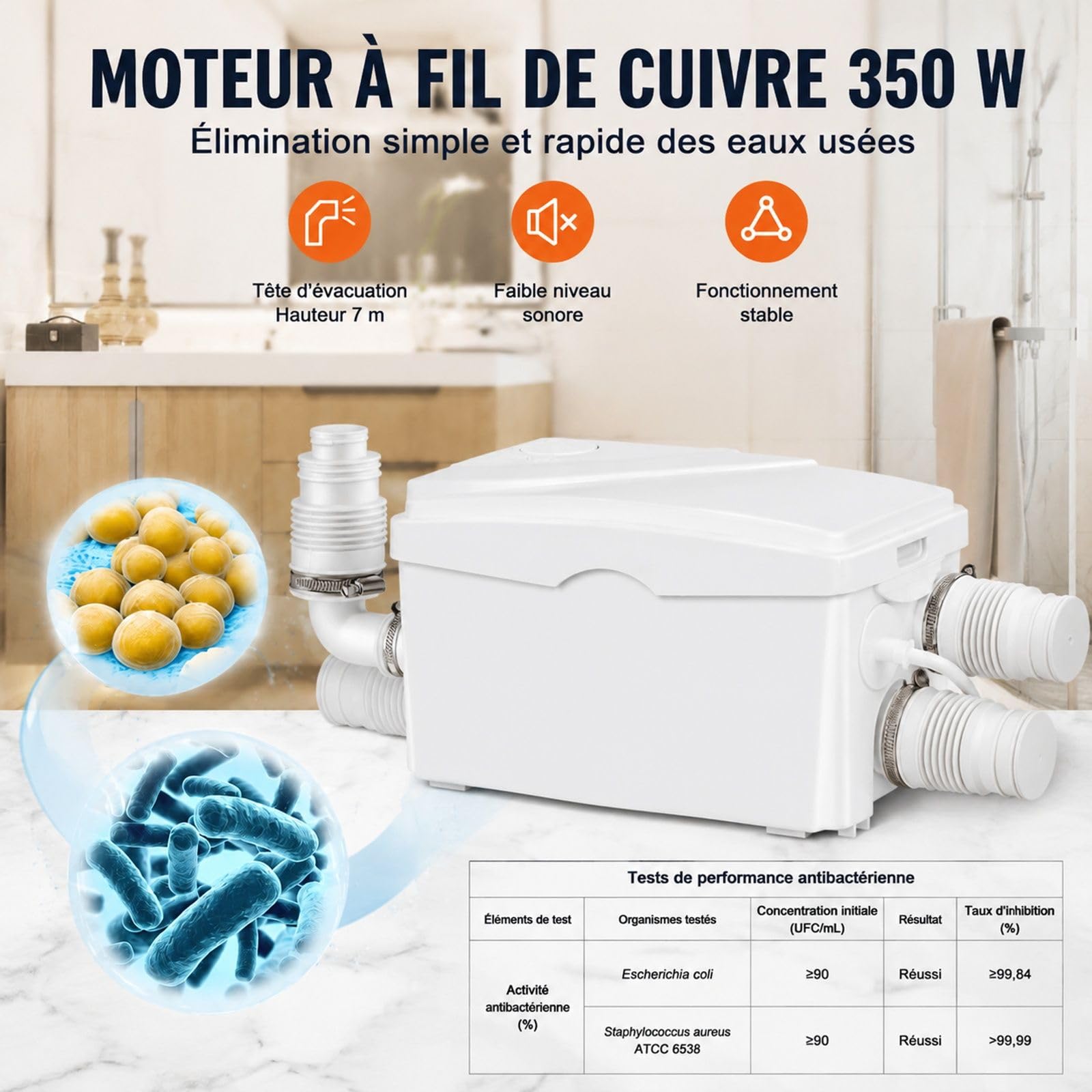 Station de relevage eaux grises 350 W, débit 6000 L/h, hauteur 7 m, 3 entrées pour cave cuisine évier douche baignoire buanderie