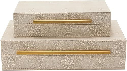 Sagala - Juego de 2 cajas decorativas de color marfil Shagreen con asas de metal dorado cepillado, cajas de joyería de piel sintética,