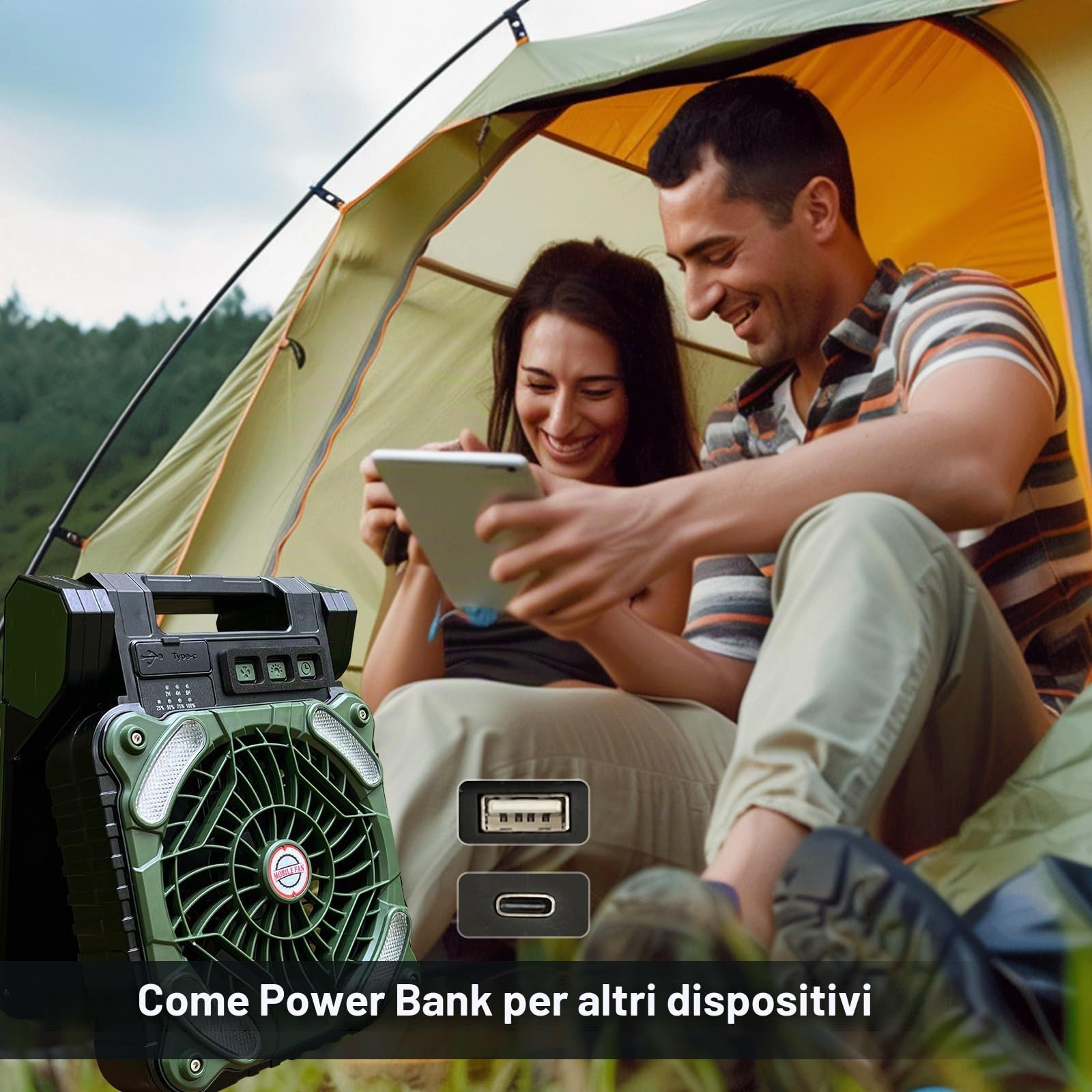 GY Ventilatore da campeggio con timer, 4 velocità, ventilatore USB ricaricabile 10400 mAh, solare portatile per pesca