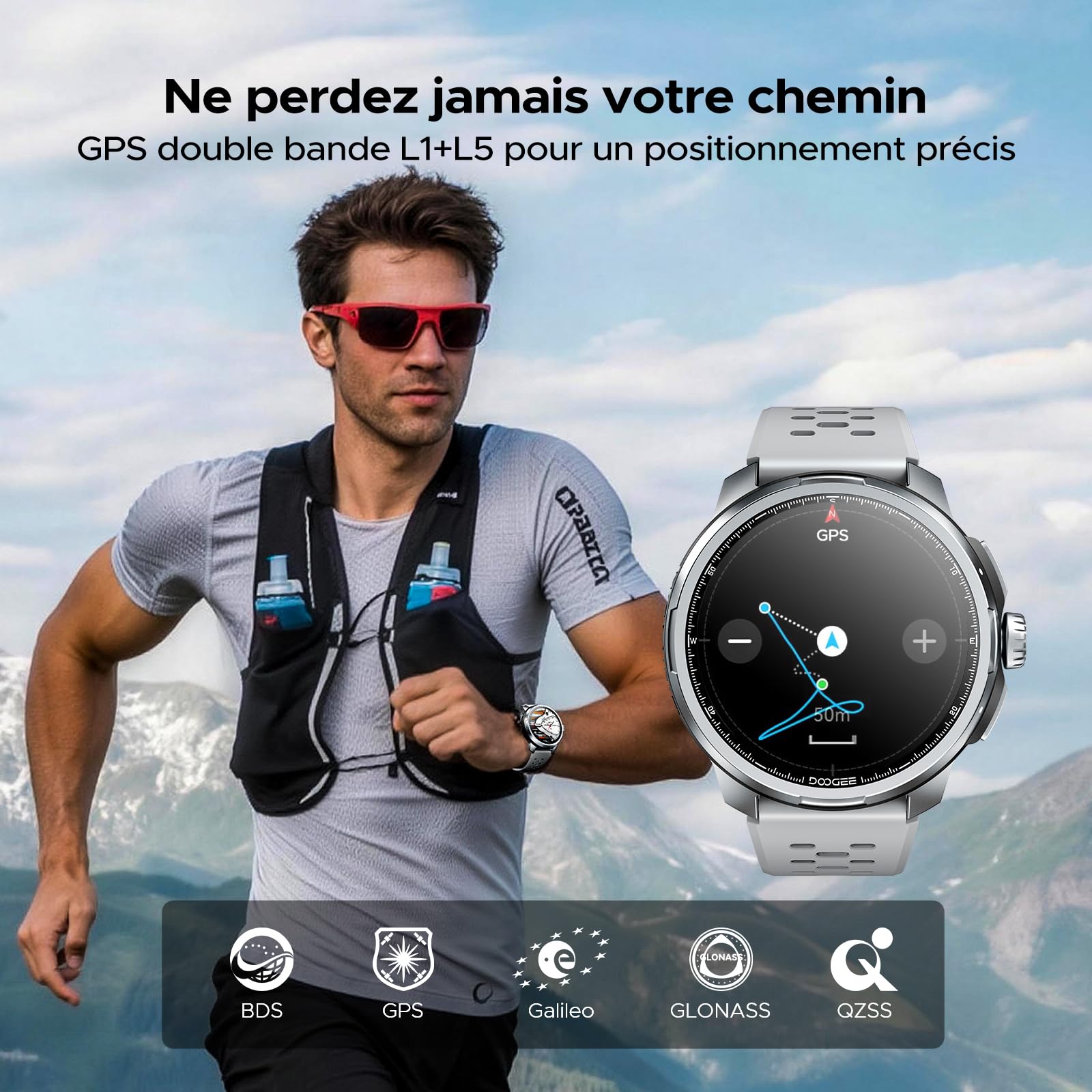 Anymoving M1 Montre Connectée Homme et Femme avec IA, GPS Double Bande 5ATM et IP68, Écran AMOLED Éclatant 1,5", Autonomie 20 Jours, 170+ Modes Sportifs Montre Sport Homme, 3 Bracelets