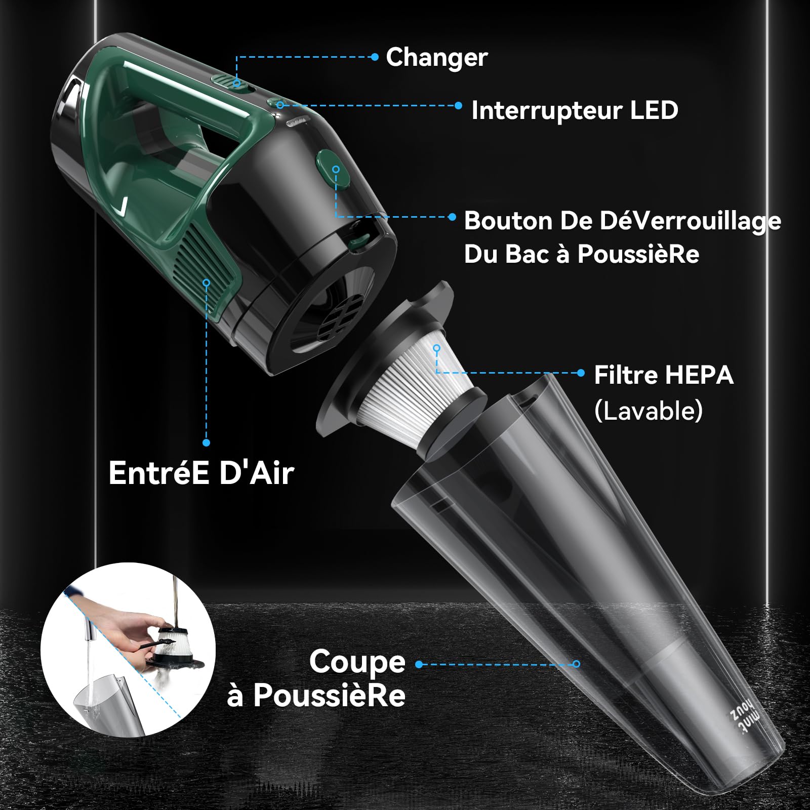 Minthouz Aspirateur A Main, Aspirateur De Table Puissant sans Fil 120 W, Charge Rapide, Autonomie De 30 Minutes, avec LumièRe LED, Convient pour La Maison, La Voiture, Le Bureau