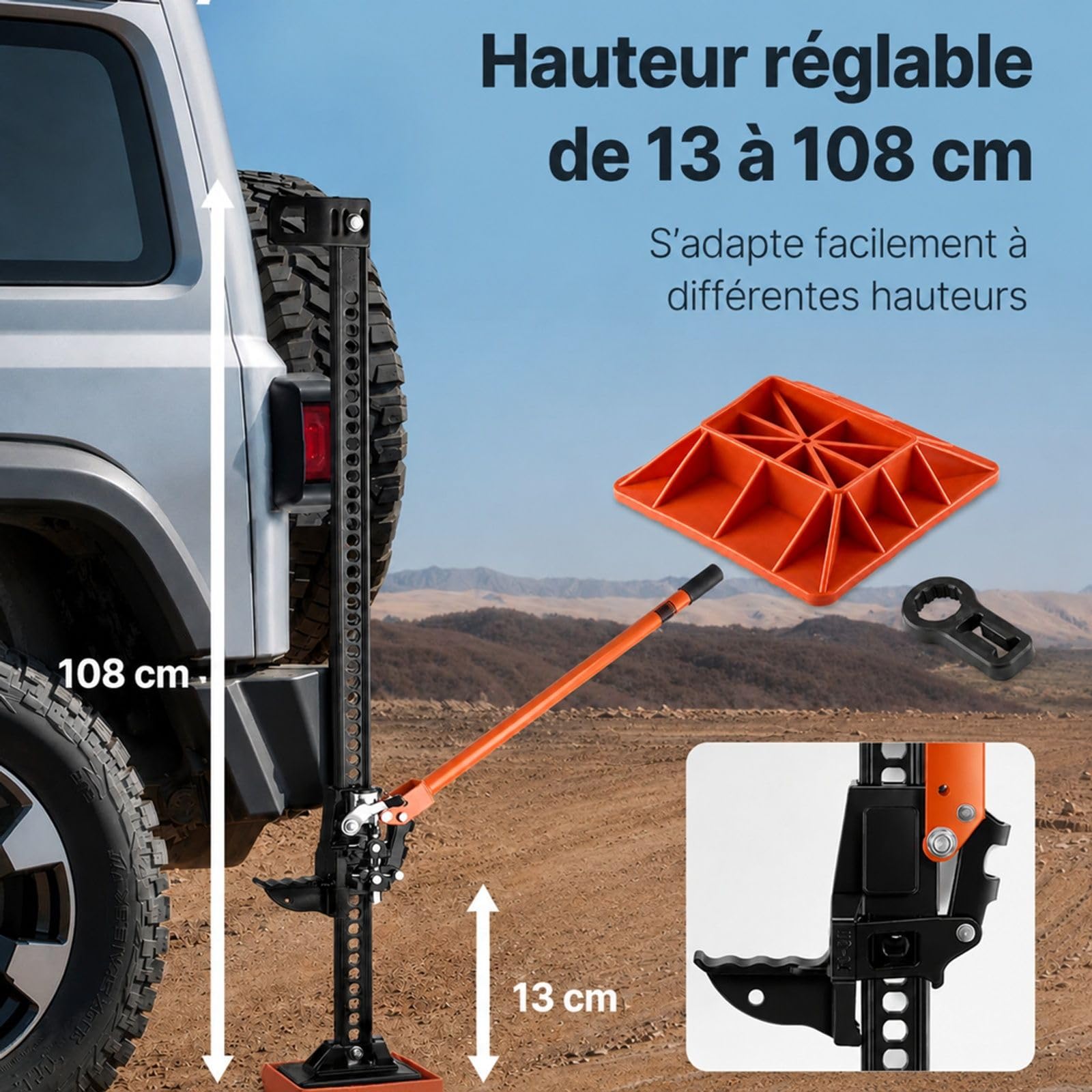 Cric à crémaillère Tout Terrain avec Base, cric agricole Manuel pour Tracteur, remorque et véhicule Hors Route