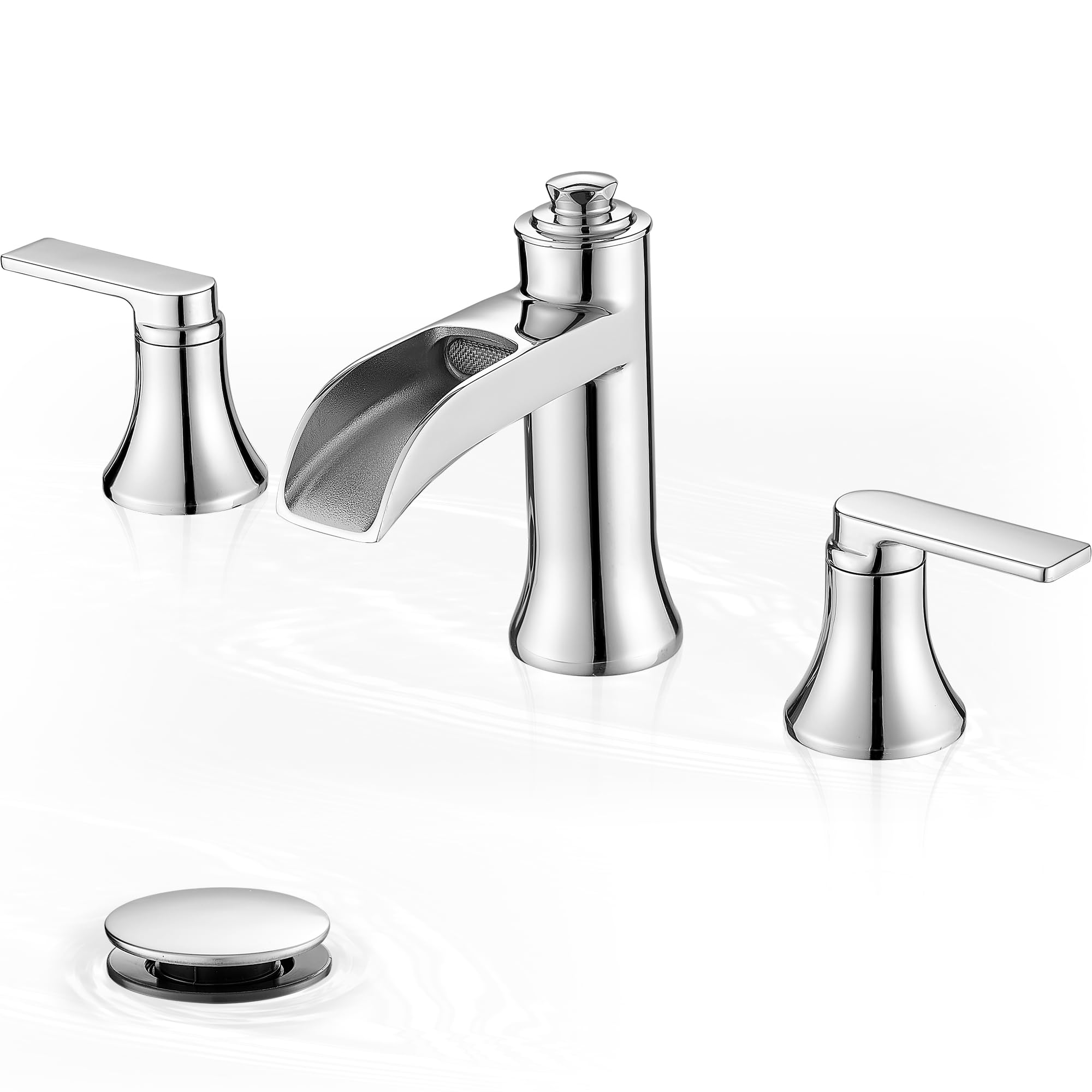HEYMYTAP 8 Inch Chrome 3 Hole Bathroom Faucet Waterfall Brass Bathroom Sink Faucets, Widespread Bathroom Faucets, 2 Handles Faucet for Bathroom Sink with Pop-up Drain for Vanity, Lavatory