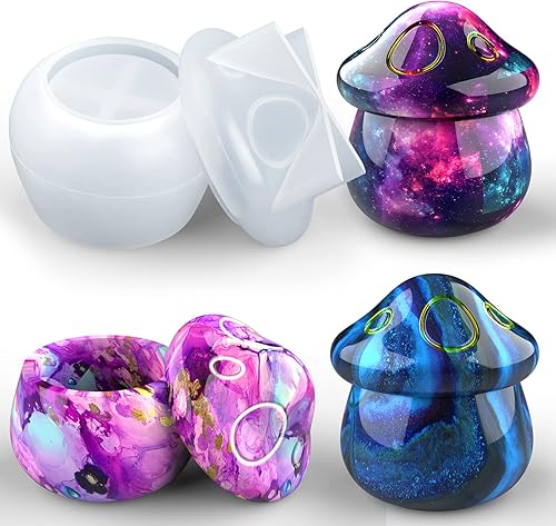 Juome Moldes de resina de silicona tarros de hongos moldes de silicona para fundición de resina epoxi molde de tarro de resina con tapa para caja de
