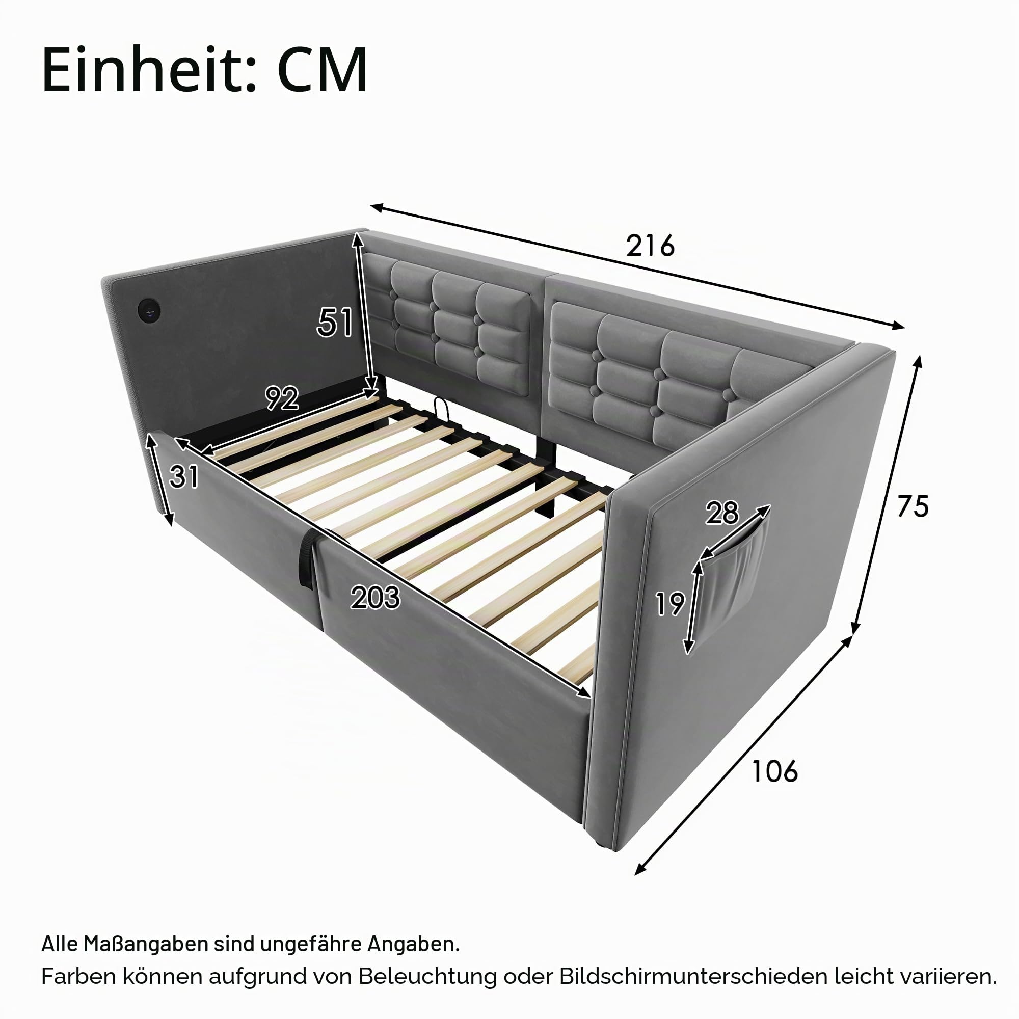 Schlafsofa Tagesbett 90x200 cm mit Aufbewahrungstasche und USB-Typ-C, Hydraulisches Bett mit Stauraum, Einzelbett Sofabett Bettgestell mit Lattenrost, Samt, Grau, Ohne Matratze