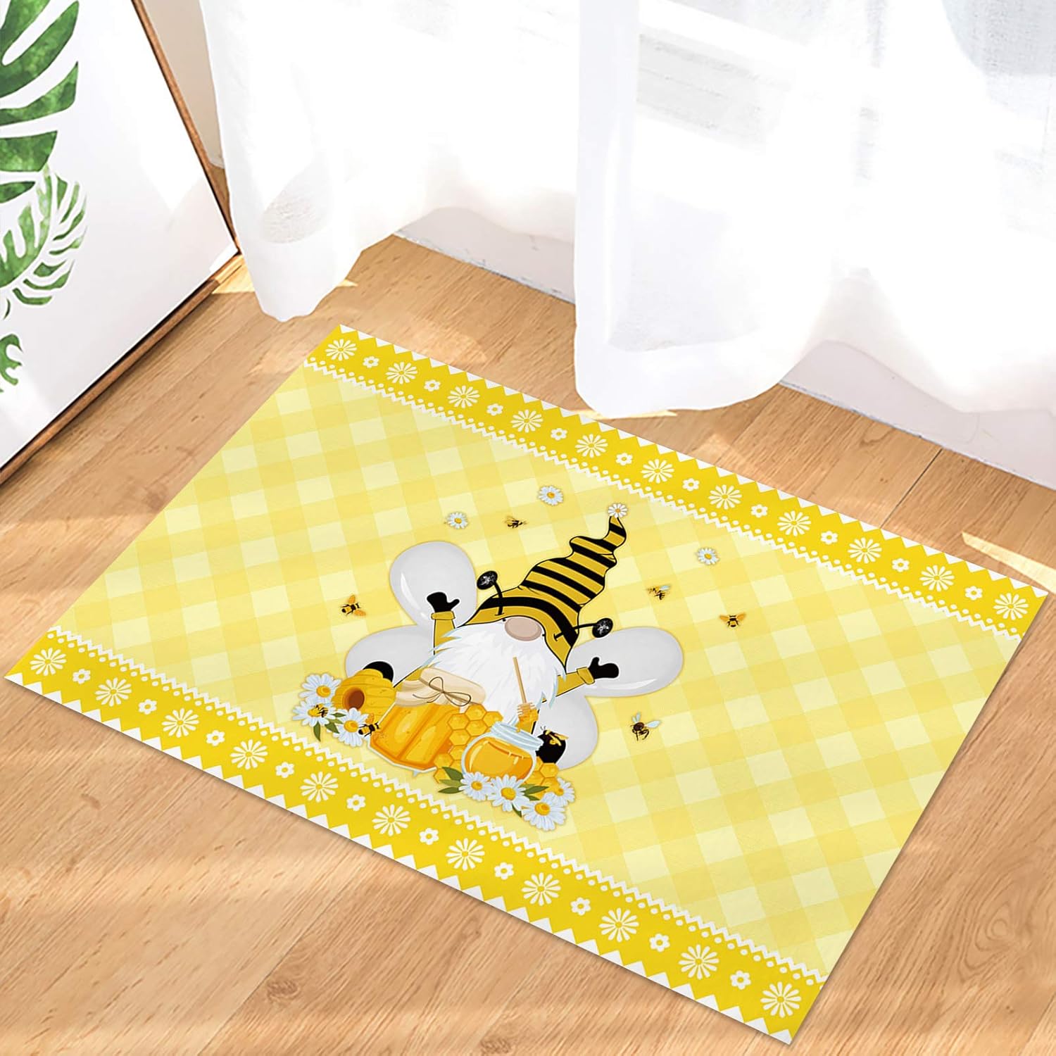 Gnome Doormat Bumble Bee Gnomes Entrance Door Rug Flower Daisy Yellow Plaid Indoor/Bathroom/Kitchen/Bedroom/Entryway Floor Mat Decorative Anti-Slip 18x30 inches