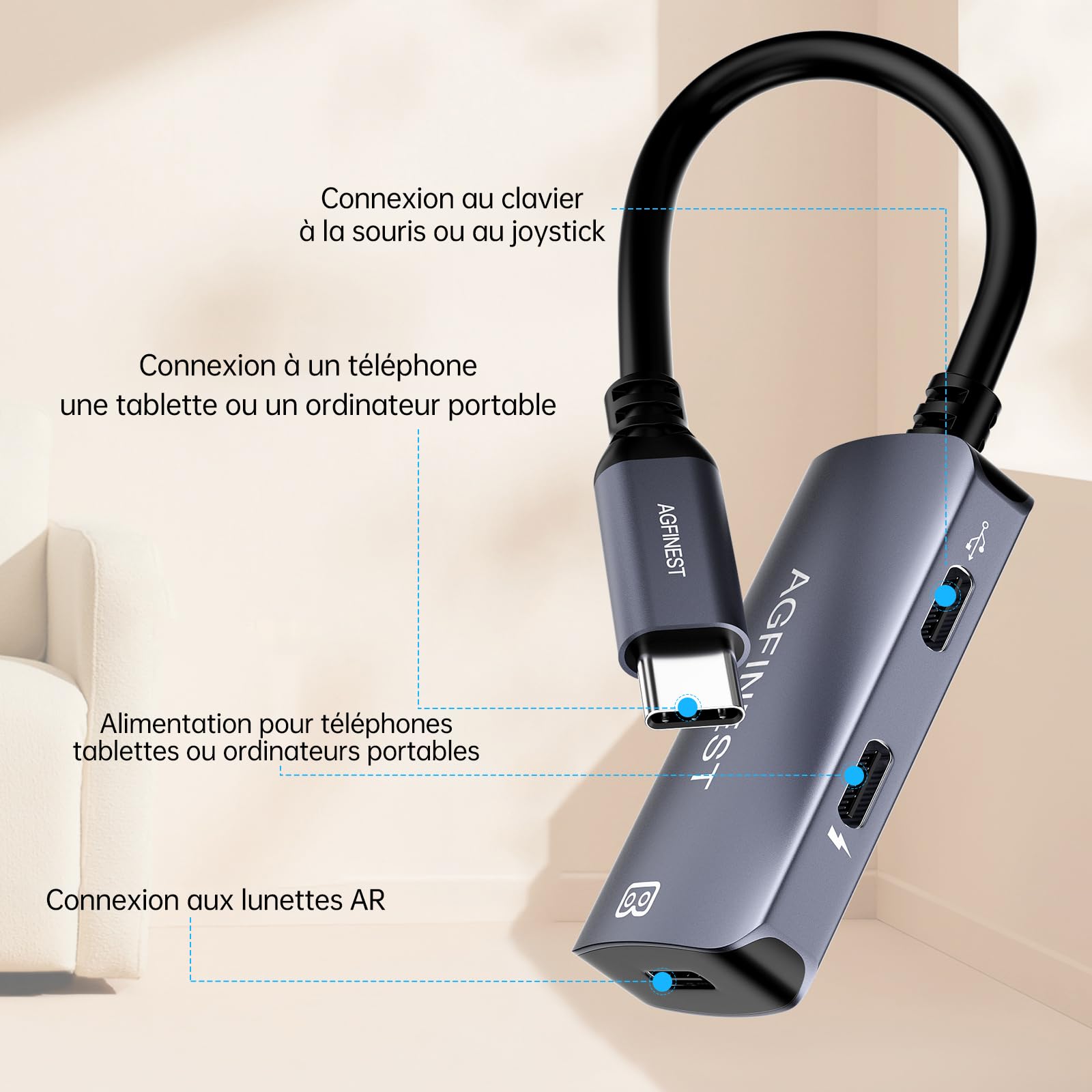 Adaptateur de Lunettes AR, USB C vers Lunettes AR avec Charge PD100W, 4K@60Hz Compatible avec iPhone 15/16 /Laptop/Lunettes Viture/Rokid/Xreal AR/Rayneo（Interface Périphérique USB-C