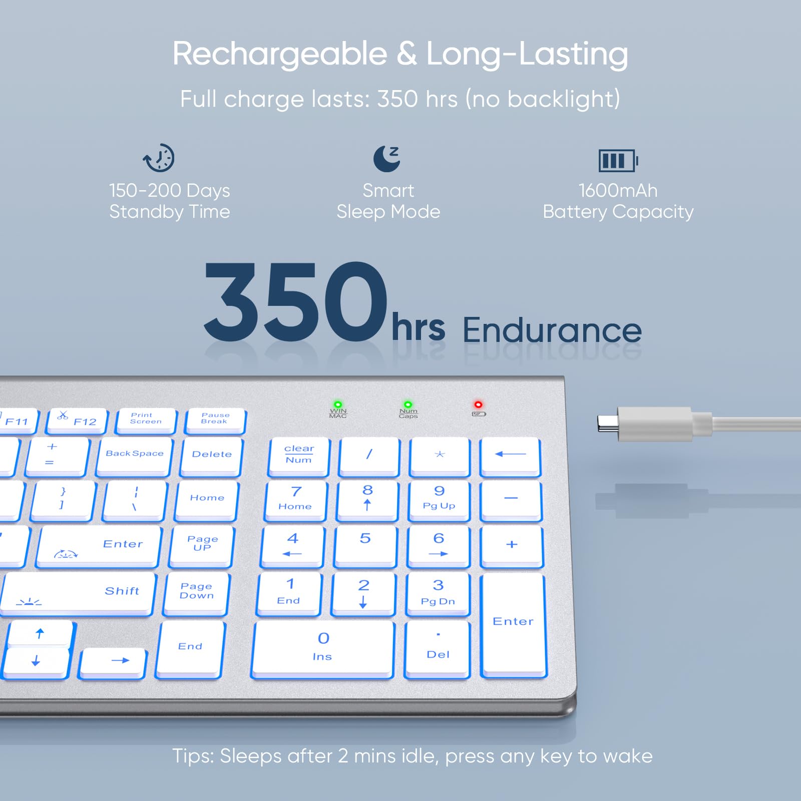 SABLUTE Wireless Keyboard with 7 Colored Backlits, Rechargeable Silent Compact Cordless Computer Keyboard with Low Profile Quiet Light Up Keys for Windows, PC, Linux, Chrome, Mac (White): Silver