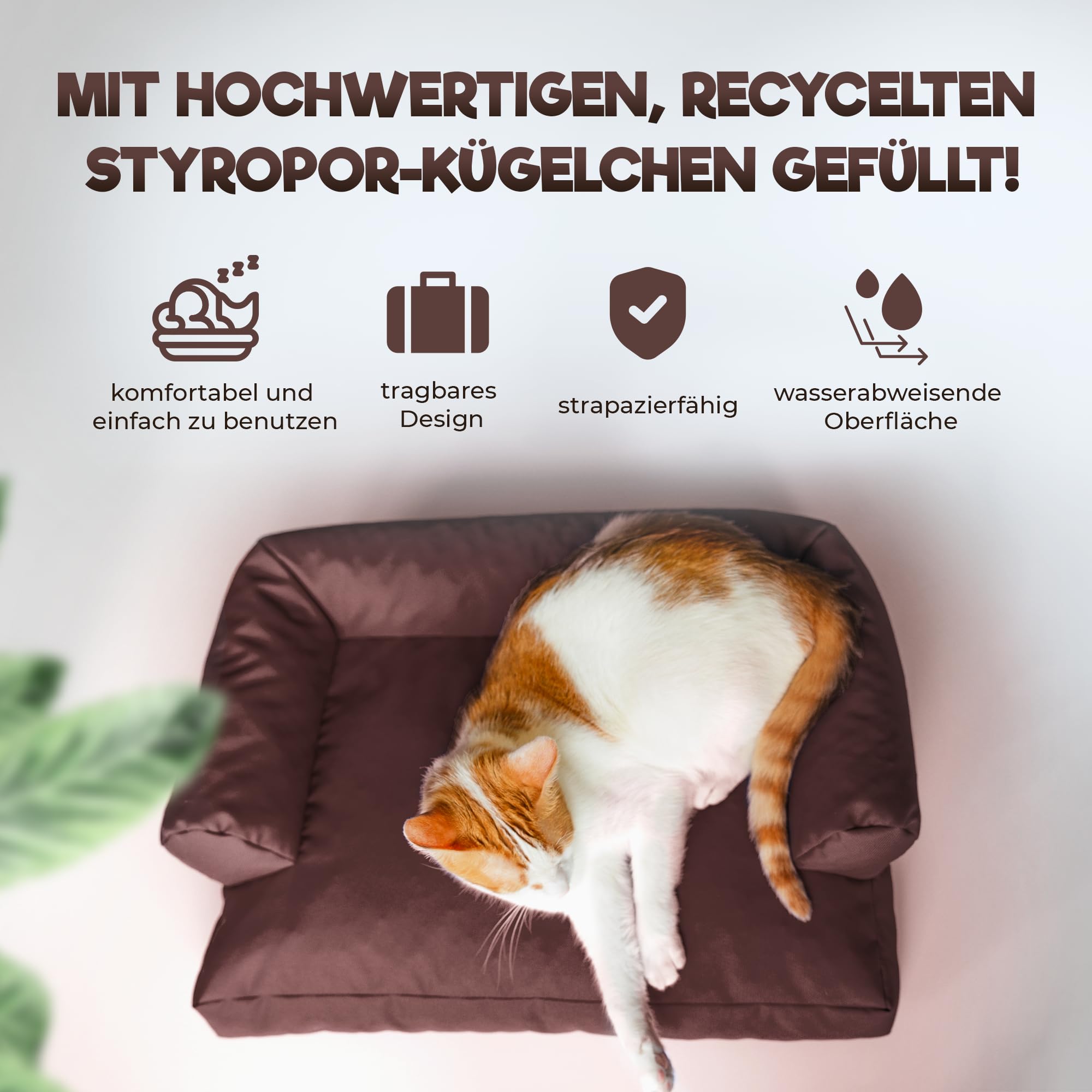 PatchHome Sofá para gatos, certificado Öko-Tex, muebles para gatos, relleno de poliestireno reciclado, accesorio para gatos, fabricado en Alemania, 50 x 40 x 15 cm, color marrón