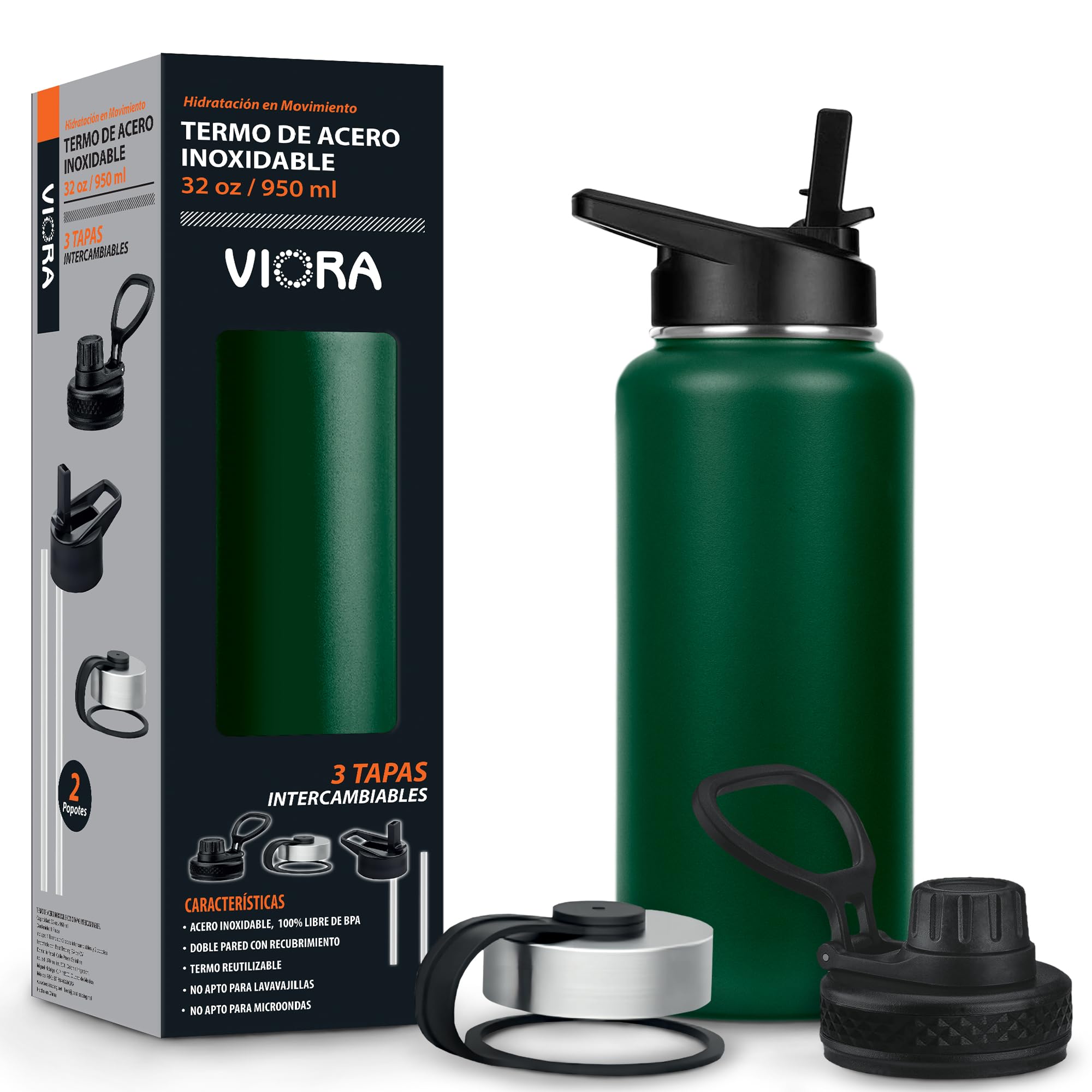 VIORA Termo de Acero Inoxidable para Café y Agua 950 ml (32 oz): Contiene 3
