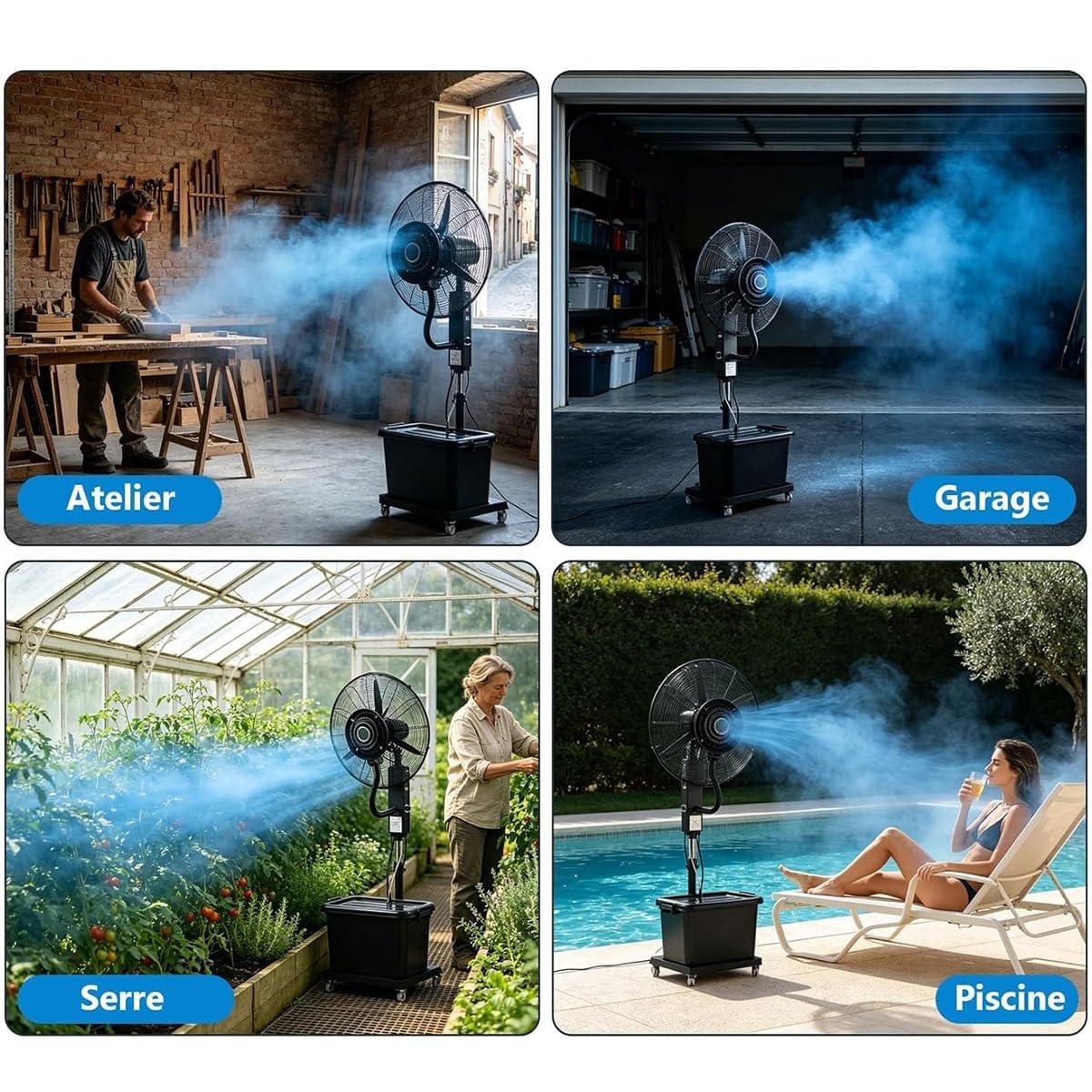 42L Ventilador de nebulización industrial, enfriamiento de 3 velocidades con oscilación de 90 °, altura ajustable para el patio, taller, invernadero, garaje, operación tranquila y movilidad fácil, uso