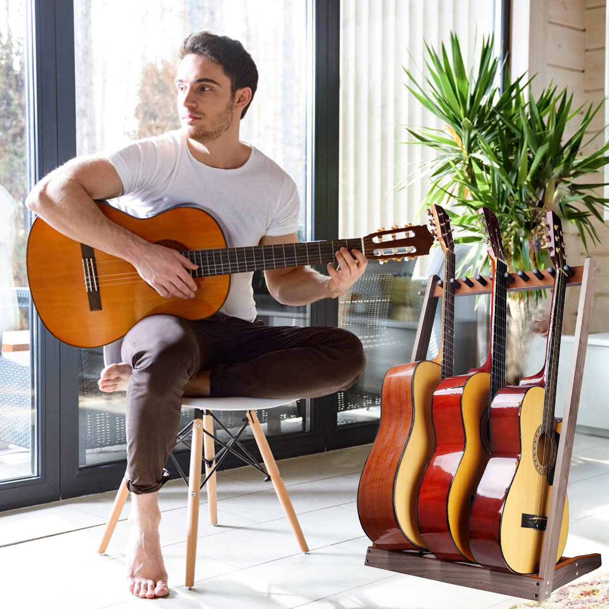 KingPoint Soporte de piso para guitarra, soporte de exhibición de guitarras de madera, soporte de guitarra multicabeza, organizador de colección de guitarra, con ranura para púas de guitarra