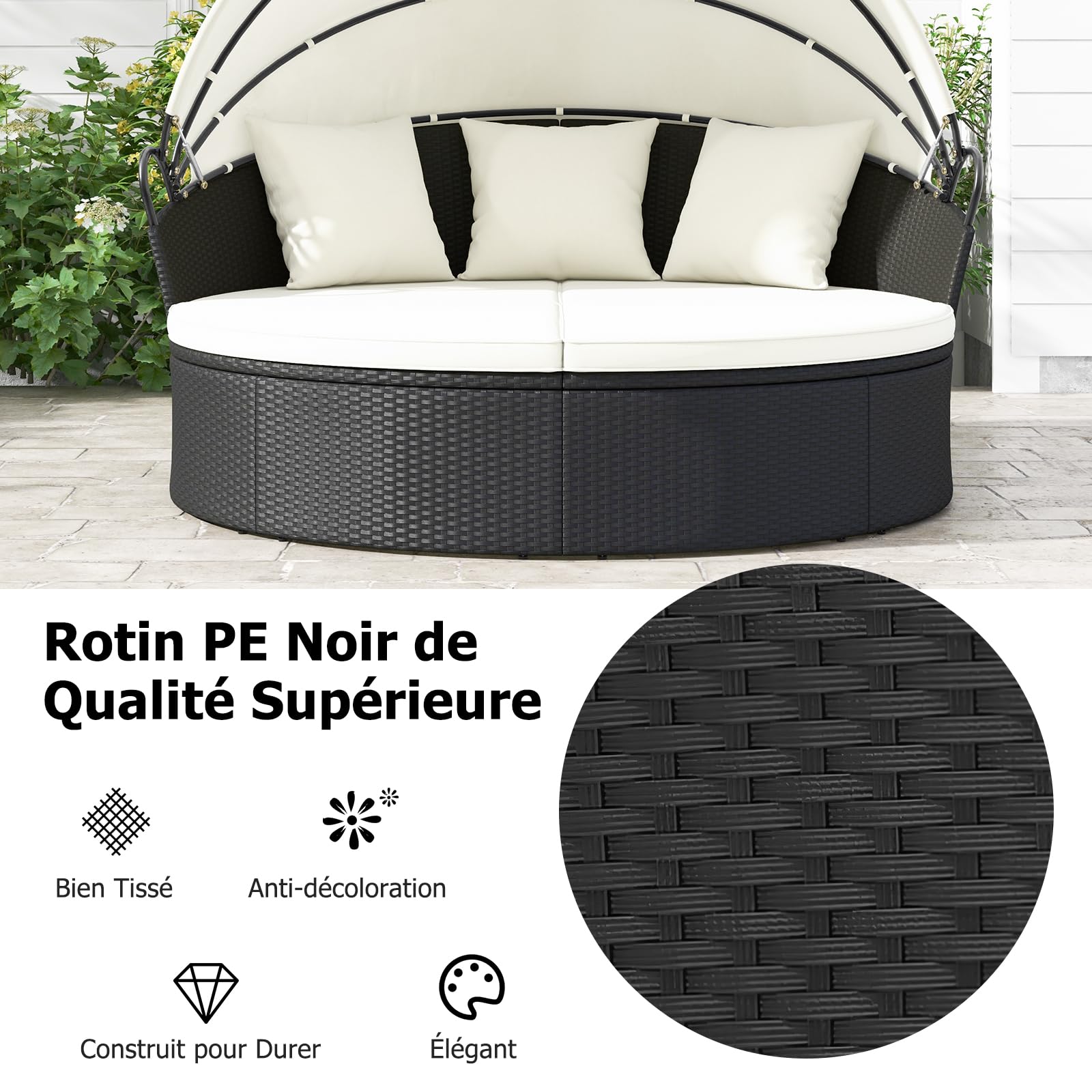 GIANTEX Lit de Jardin Extérieur Rond Ø187 cm en Rotin PE avec Auvent Rétractable, Canapé Lit Extérieur pour 2-3 Personnes, Ensemble Salon de Jardin avec Coussins(Beige)