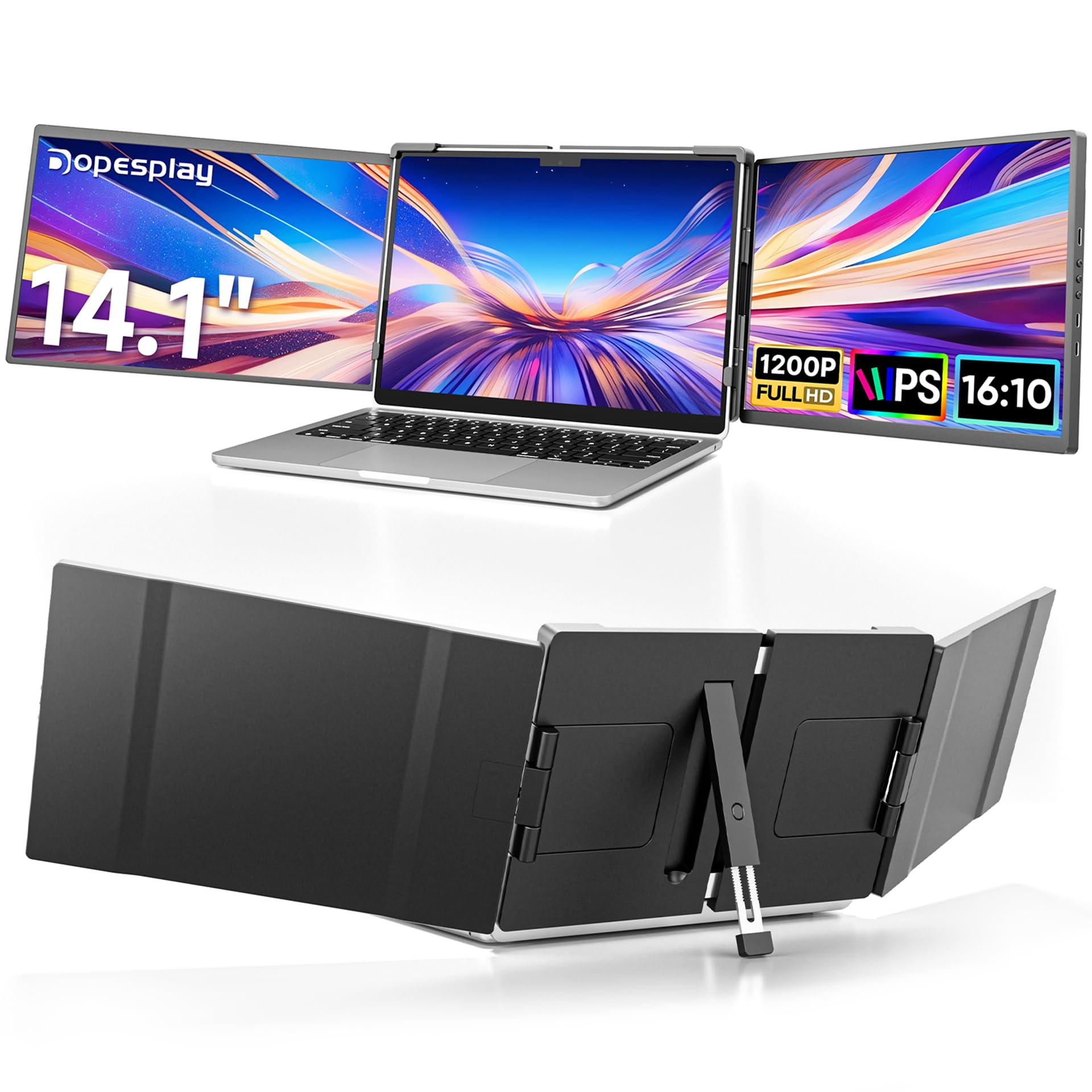 Dopesplay 14,1" Laptop Bildschirm Erweiterung, 1200P FHD Laptop Screen Extender, Plug & Play IPS Triple Monitor, Kompatibel mit 14"-17" für Windows, Mac, Android, Chrome- USB-C/HDMI Anschluss