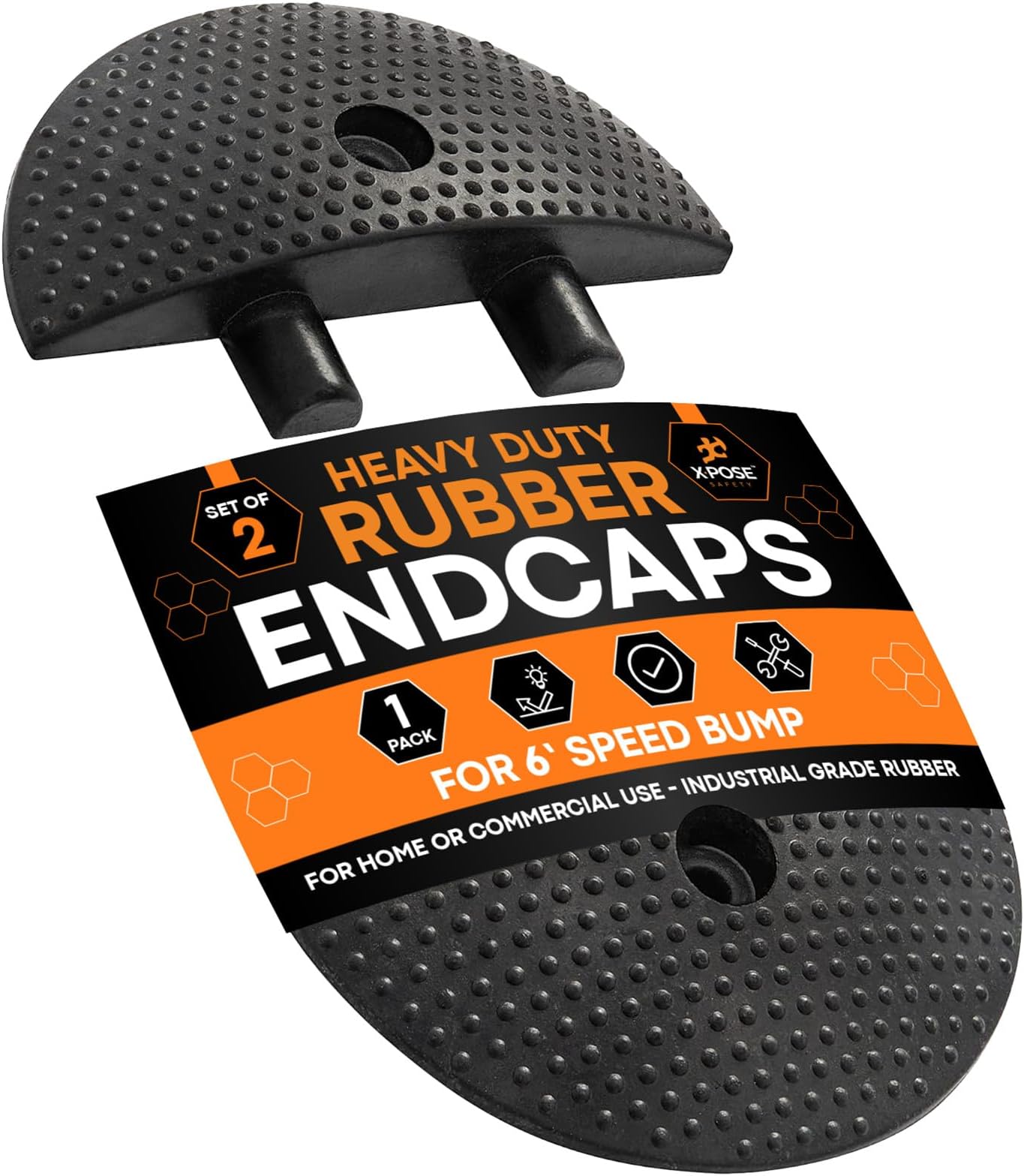 Speed Bump End Cap - Rubber Speed Hump Cover with Modular Interlocking Design, 8in x 12in x 2” -Set of 2 -by Xpose Safety