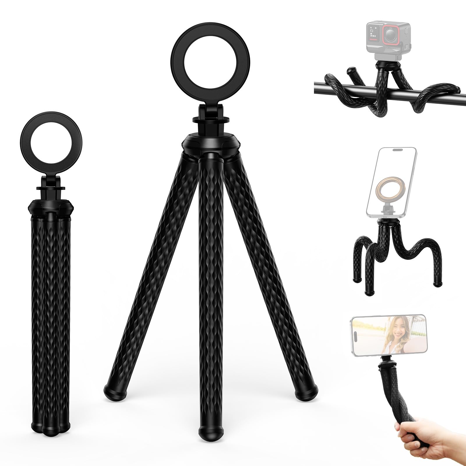 Camnoon Magnetic Flexible Phone Tripod Stand Desktop Tripod for Phone 2kg Load Capacity with 1/4 Inch Screw Replacement for iPhone 15/14/13/12 Live Streaming Video Recording