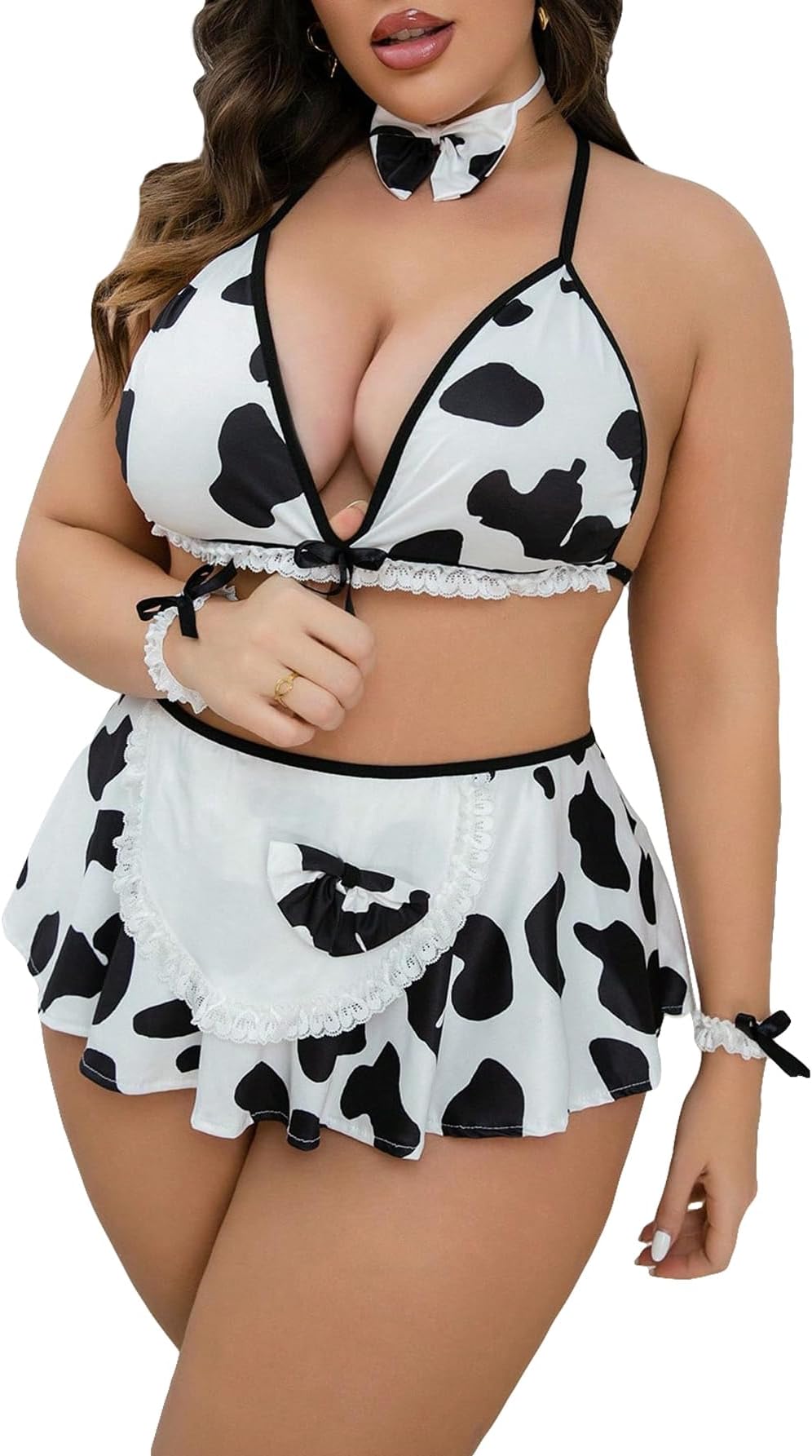 WDIRARAWomen's Plus Size Cow Print Maid Costume Lace Trim Bralette and Skirt Lingerie Set with Choker