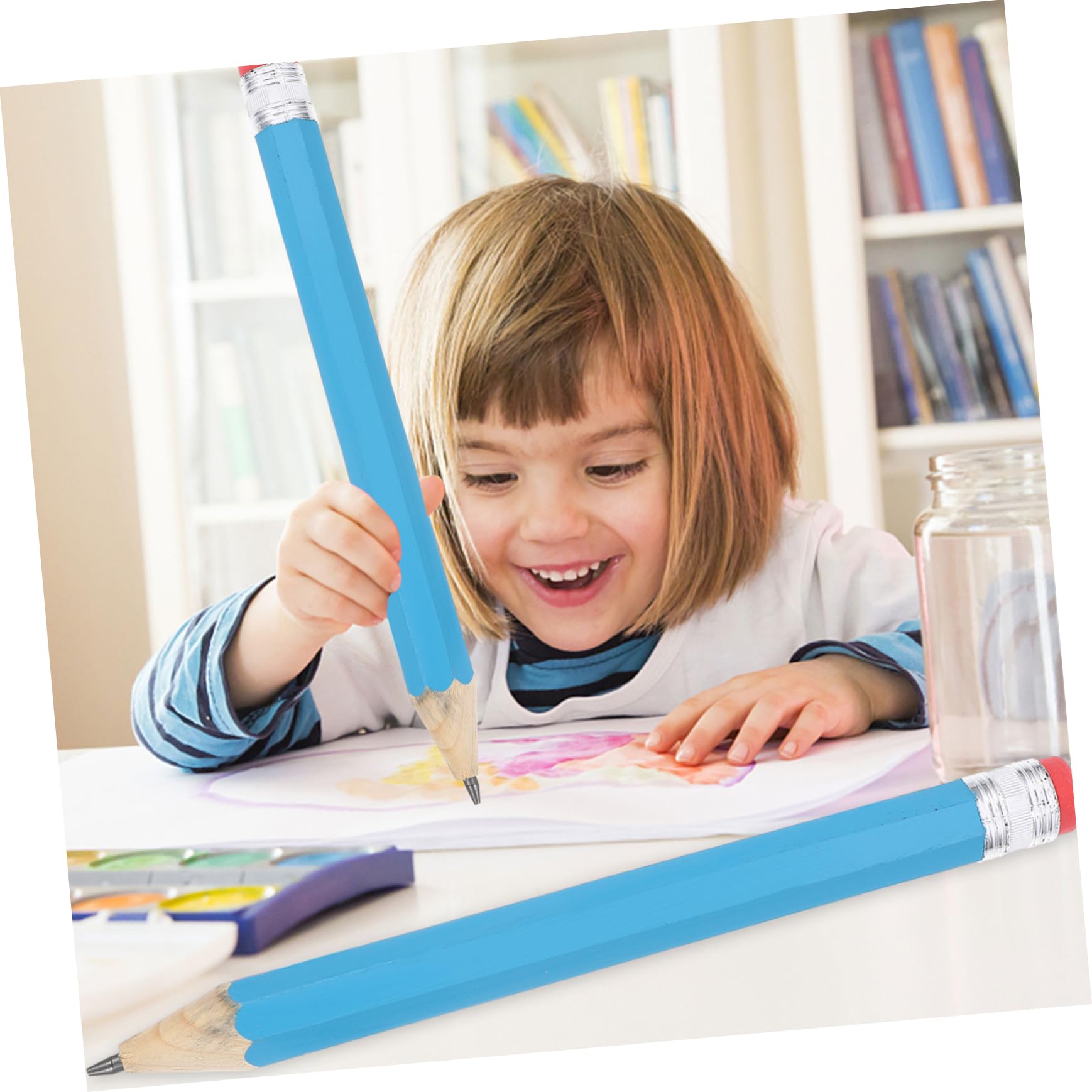 2 Pièces Crayon Bois Gros Crayon Bleu avec Gomme pour Dessin Accessoires Scolaires