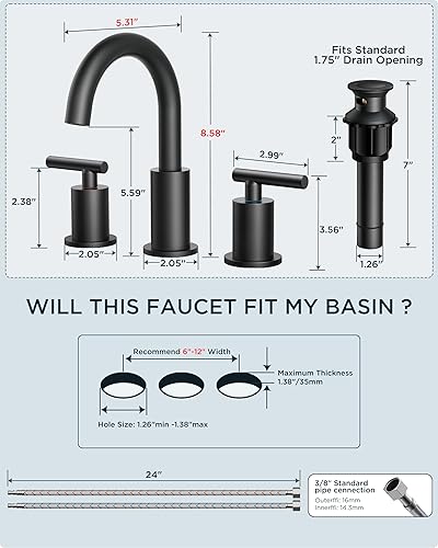Miniatura 9 de FORIOUS Grifo de baño de bronce aceitado de 3 agujeros, grifo de lavabo de baño de 8 pulgadas, bronce aceitado con drenaje desplegable, grifo de