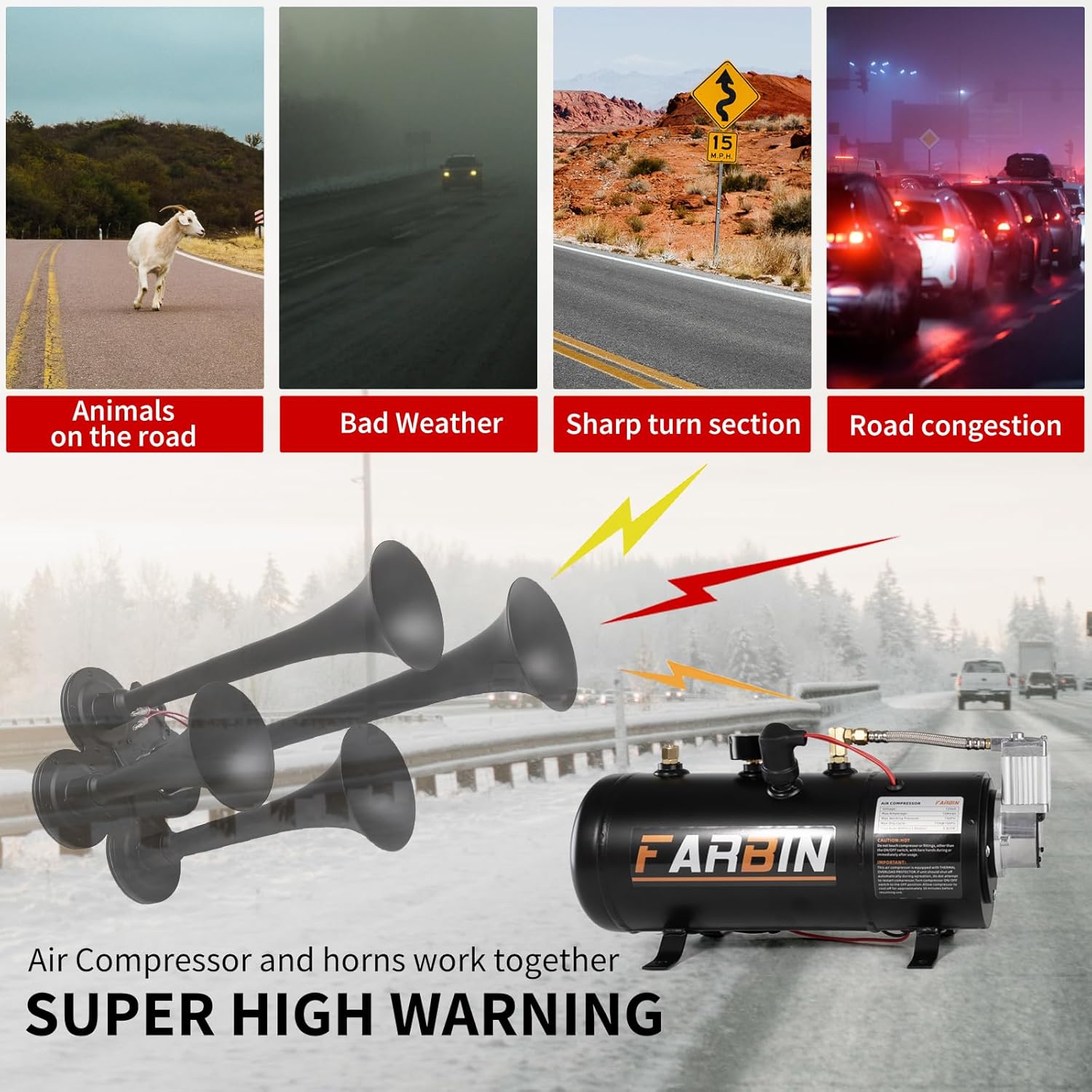 FARBIN 150 PSI 0.8gal Air Compressor 12V Air Tank Can for Train Horn, Air Horn, Inflating Tires, Air Mattresses (0.8 gal Black Air Compressor)
