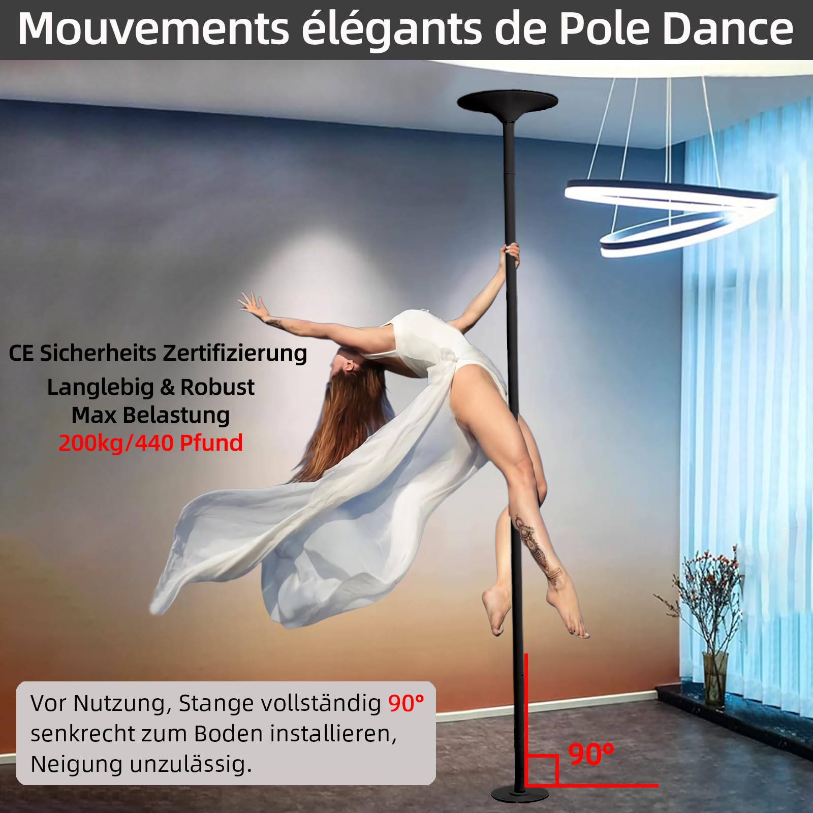PRIOR FITNESS Barra de baile de 45 mm cromada – Altura regulable 2,23 – 2,7 m | 2 modos: giratorio/estático, capacidad de carga de 200 kg, sin taladrar para gimnasios, club y fiestas