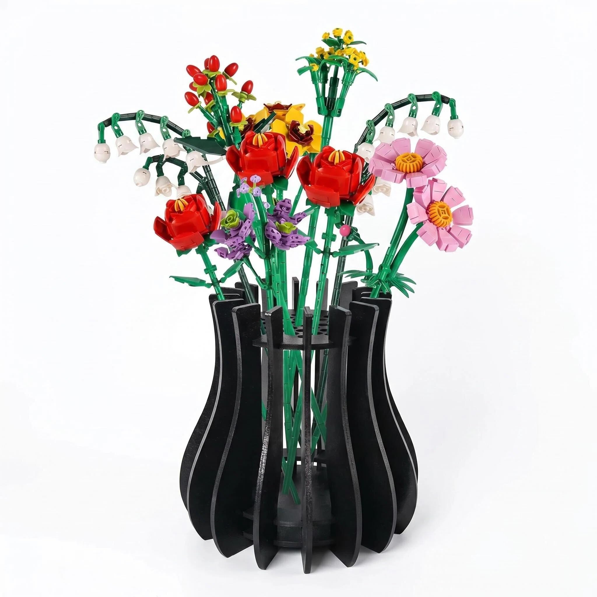 Vase for Block Flowers Bouquet Wooden Puzzle Holder Display Stand for Block Roses Botanical Collection Roses, Orchid, Tulips Building Kits, Unique Home Decor Gift for Flower Lovers(Black)