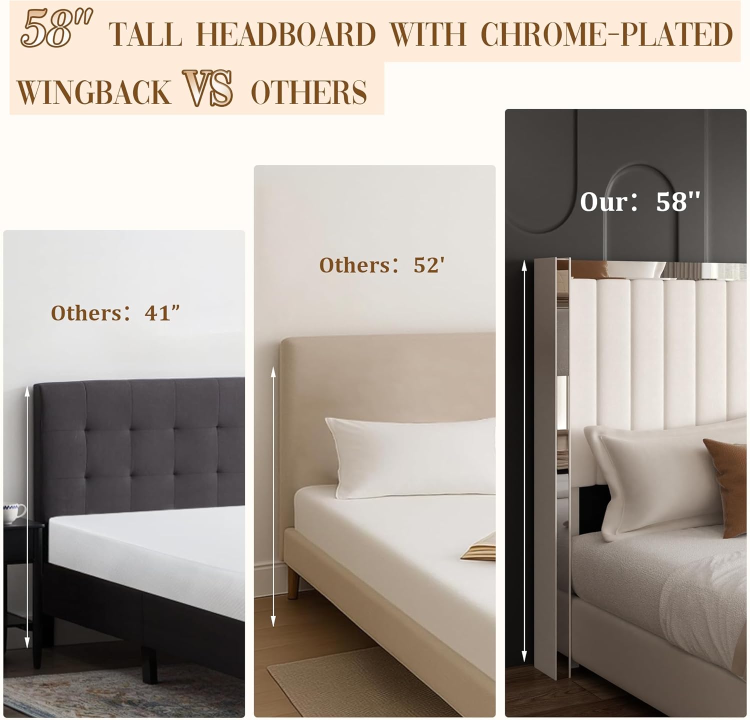 58" Tall Full Size Platform Bed Frame with Velvet Wingback Headboard & Channel Tufting Design, Silver Metal Trim and Chrome-Plated Legs, No Box Spring Needed, Easy Assembly, Noise Free, Beige