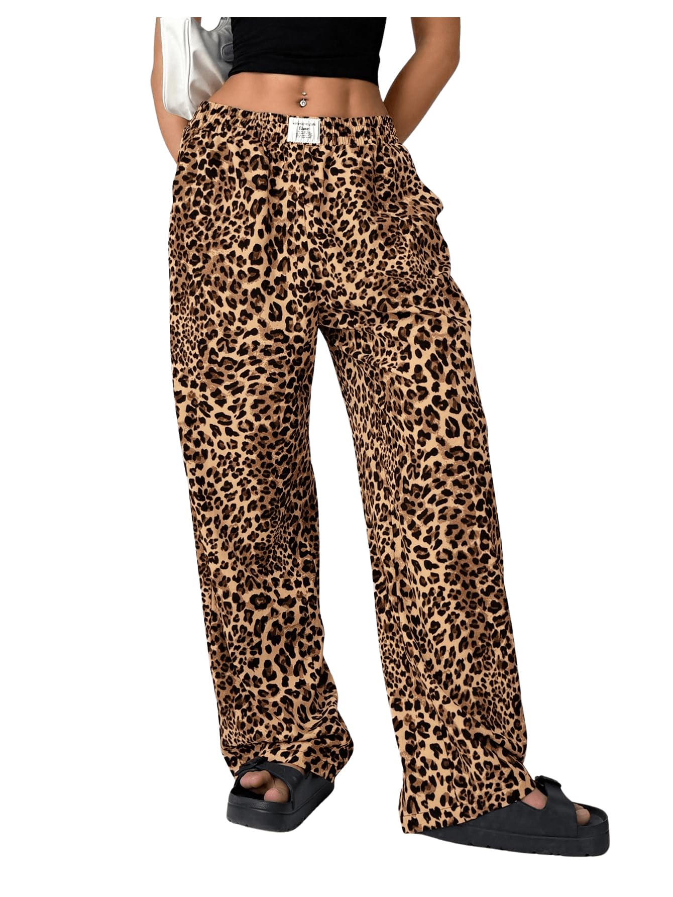 RoseSeek Women's Letter Leopard Print Y2K Straight Elastic Waist Leg Pants