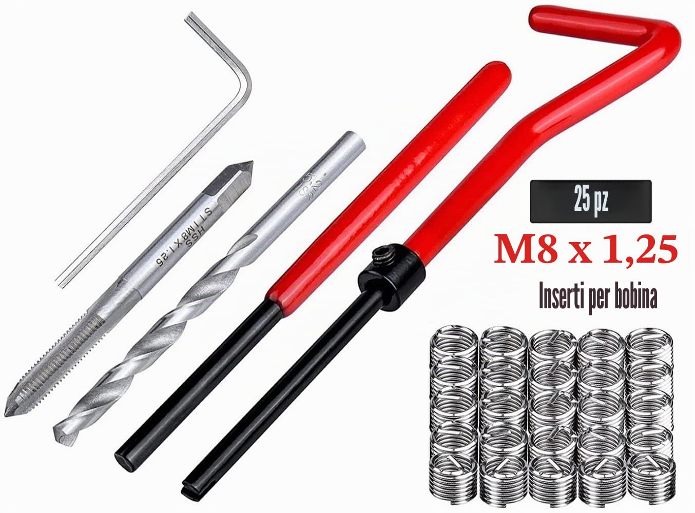 Kit di Riparazione Filettatura M8 x 1,25 mm, Kit di Riparazione per Filettatura in Acciaio Inox, Compatibile con Helicoil Coil