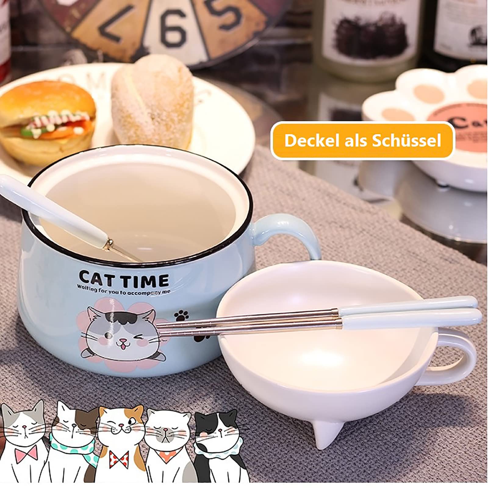 Ciotola Ramen Con Coperchio, Grazioso Gatto Per Insalata, Ciotola per cereali con manico, 1020 ml, in ceramica istantanea, ciotola per pasta, dessert, zuppa e pranzo per bambini