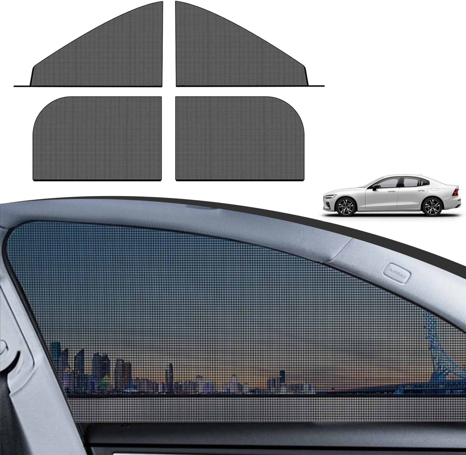Pack-4 Car Front and Rear Side Window Sunshade, 26.3" x 27.5" + 21.2" x 31.1" Breathable Mesh Privacy Protection, Dustproof Sunproof Window Free Lifting Sun Cover, Universal for Sedans (Black)