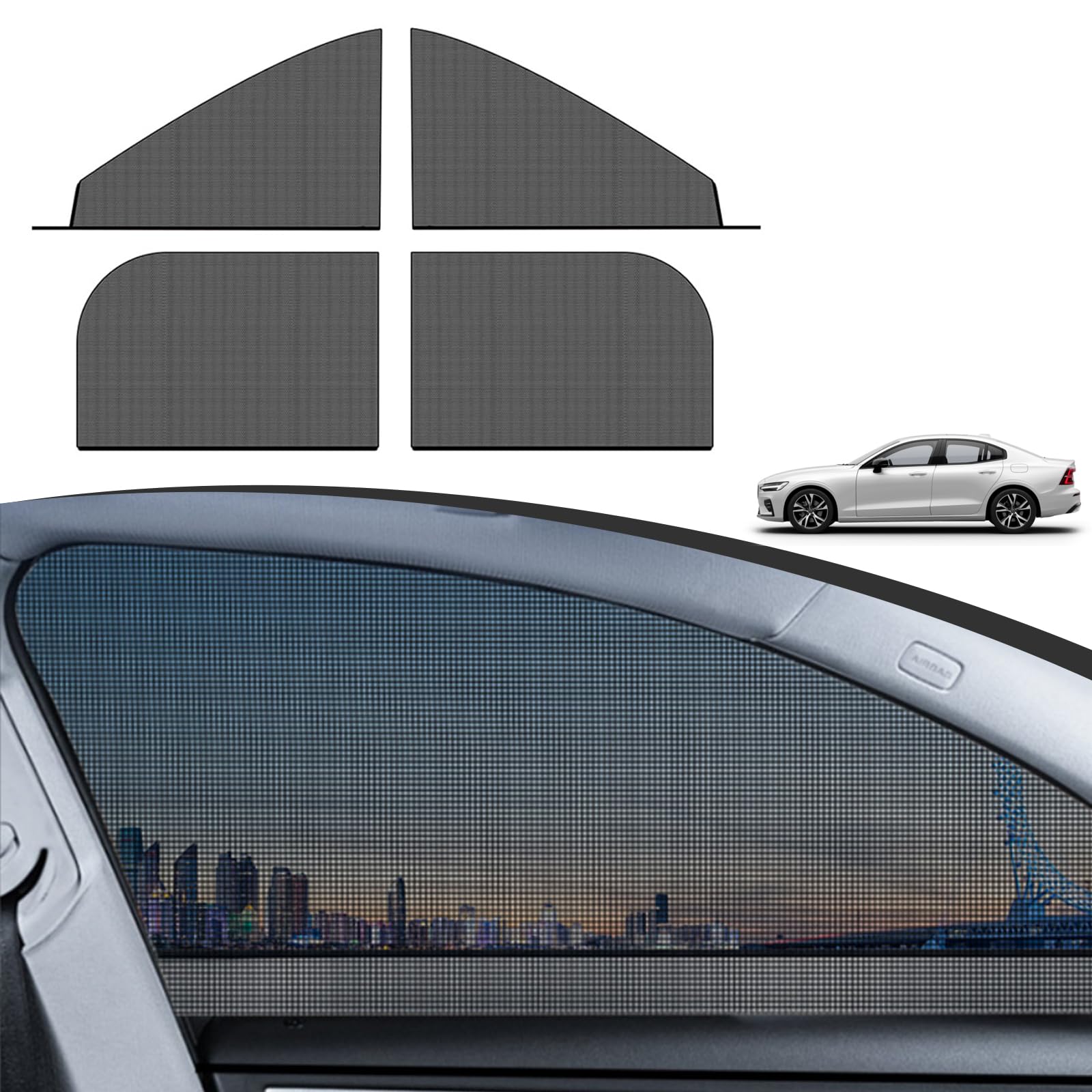 Pack-4 Car Front and Rear Side Window Sunshade, 26.3" x 27.5" + 21.2" x 31.1" Breathable Mesh Privacy Protection, Dustproof Sunproof Window Free Lifting Sun Cover, Universal for Sedans (Black)