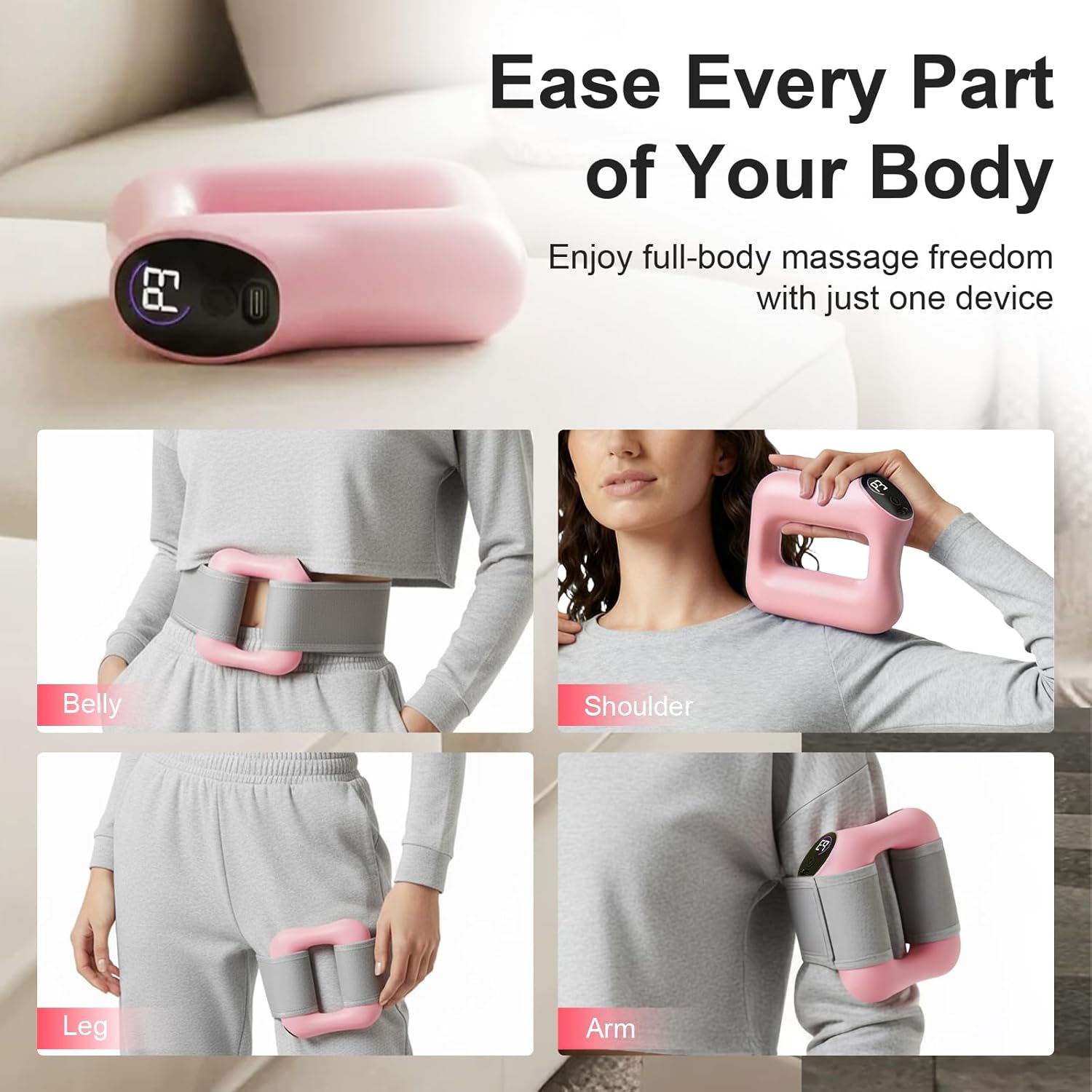 Deep Tissue Percussion Massage Gun, Ergonomic Fascia Blaster with 3 Modes & 5 Levels, Fascia Ring Massager with Belt for Muscle Relief & Full-Body Relaxation(Pink) - Image 6