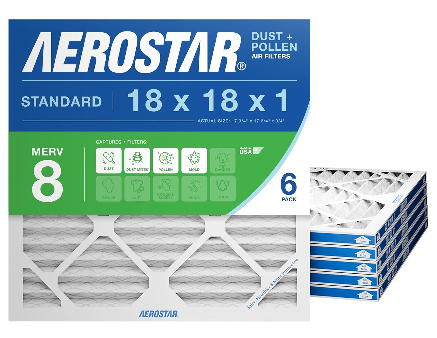 Aerostar 18x18x1 MERV 13 Air Filter, 6 Count, ACTUAL SIZE (17.50 x 17.50 x 0.75), HVAC, Air Conditioning & Furnace Filter for Allergies, Dust, Pet Dander & Smoke (MPR 1500 / FPR 10), Made in USA