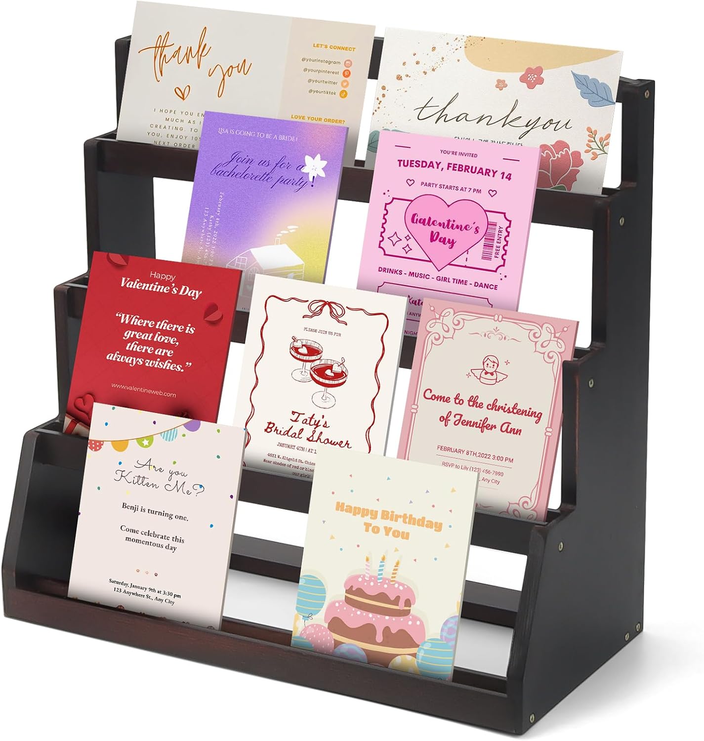 Greeting Card Display Stand - 4-Tier Wooden Countertop Organizer for Craft Shows & Retail | Rustic Postcard Holder, Photos Sticker & Bookmark Display for Vendors