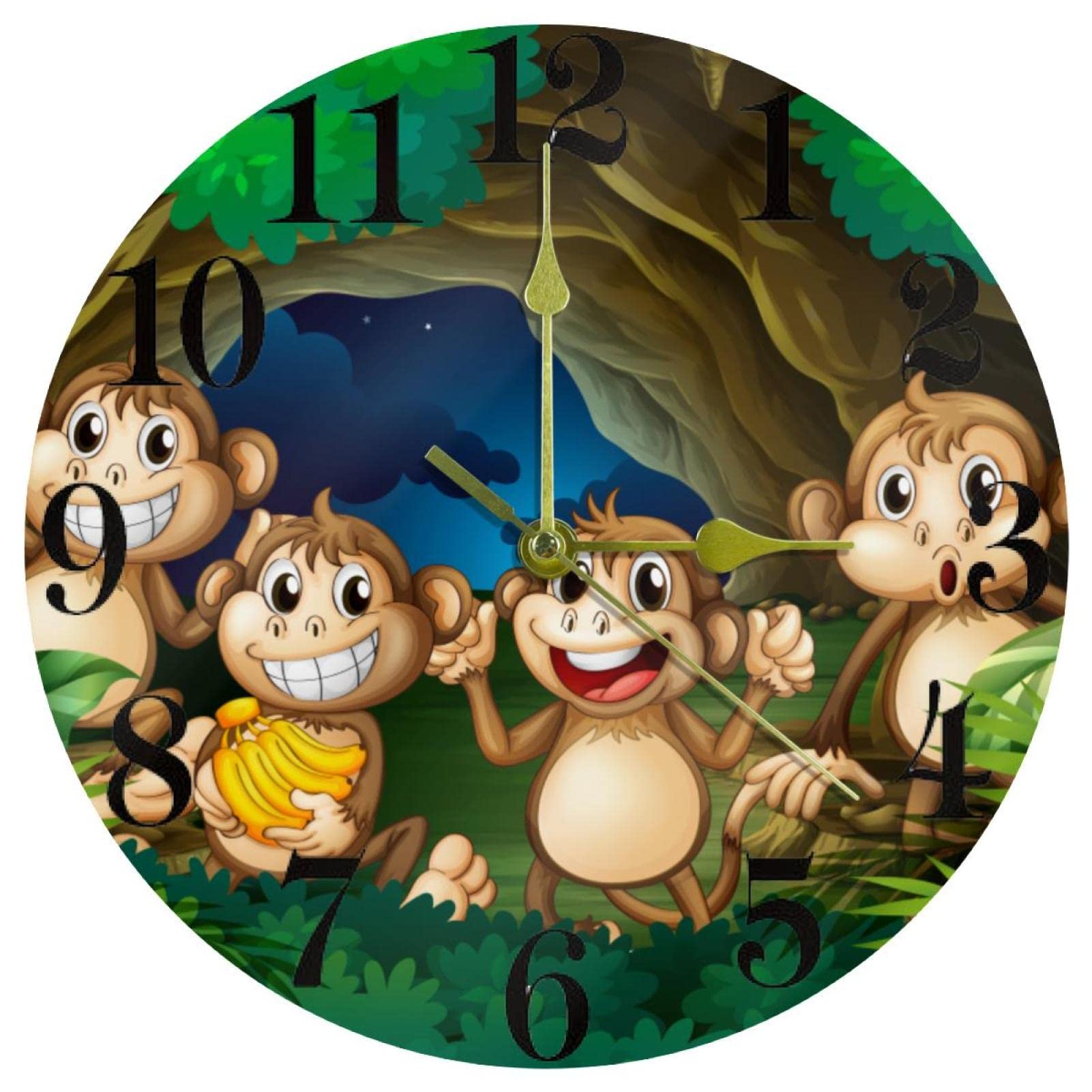 Horloge murale quartz silencieuse 25,4 cm : pendule à piles singes heureux pour école et maison