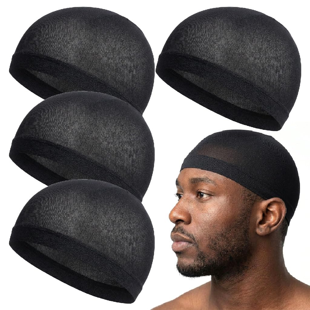 Beauty Town Wave Cap for Men - 4 Pcs Stocking Caps Stretch Dome Cap for Hair Care, Black, One size