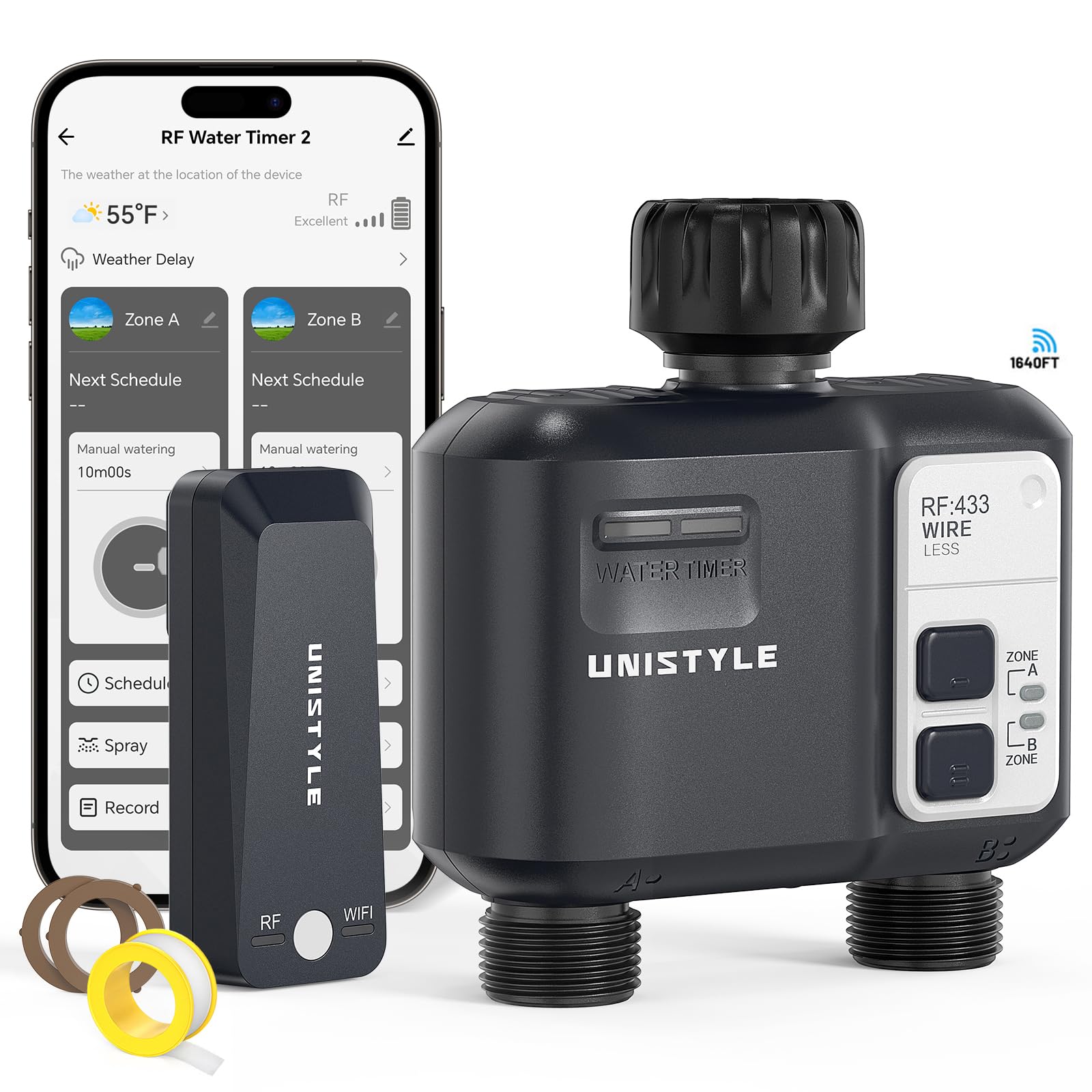 [All-New 2027] 1700FT WiFi Sprinkler Timer 2 Zone, Unistyle Smart Hose Timers Compatible Alexa & Google Voice and App Control, Water Timer for Garden Hose with Auto & Manual Modes for Garden Lawn - 2