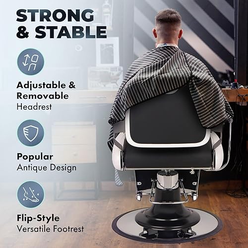Miniatura 4 de Buy-Rite - Silla de peluquería Cadillac para barberías profesionales, marco de acero sólido, base hidráulica resistente, asiento de vinilo negro