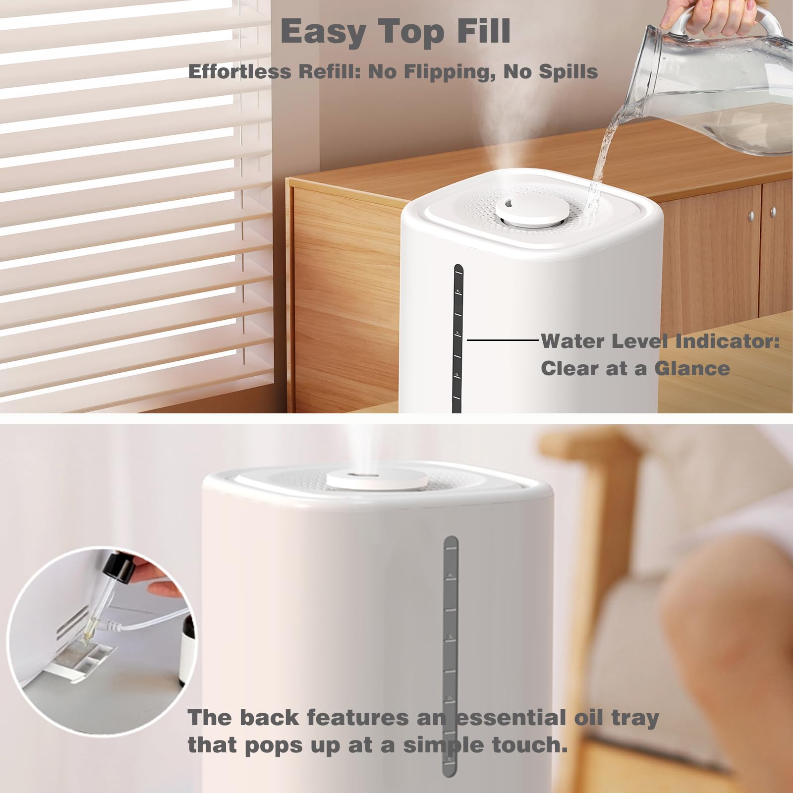 Humidificadores de llenado superior para dormitorio, tanque de 4.5 litros para habitación grande, difusor de aceite, humidificador de aire silencioso de 20 dB para el hogar, guardería y