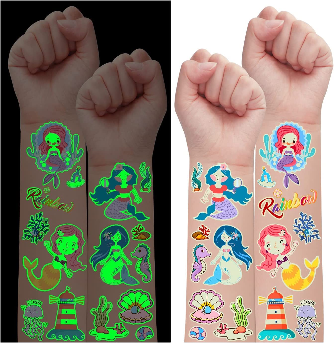 Leesgel 30 Hojas Sirena Tatuajes Temporales Niñas, Luminoso Tatuajes Temporales Niños, Sirena Detalles Regalos Cumpleaños Niños Colegio Relleno Piñata Cumpleaños Infantiles Niñas