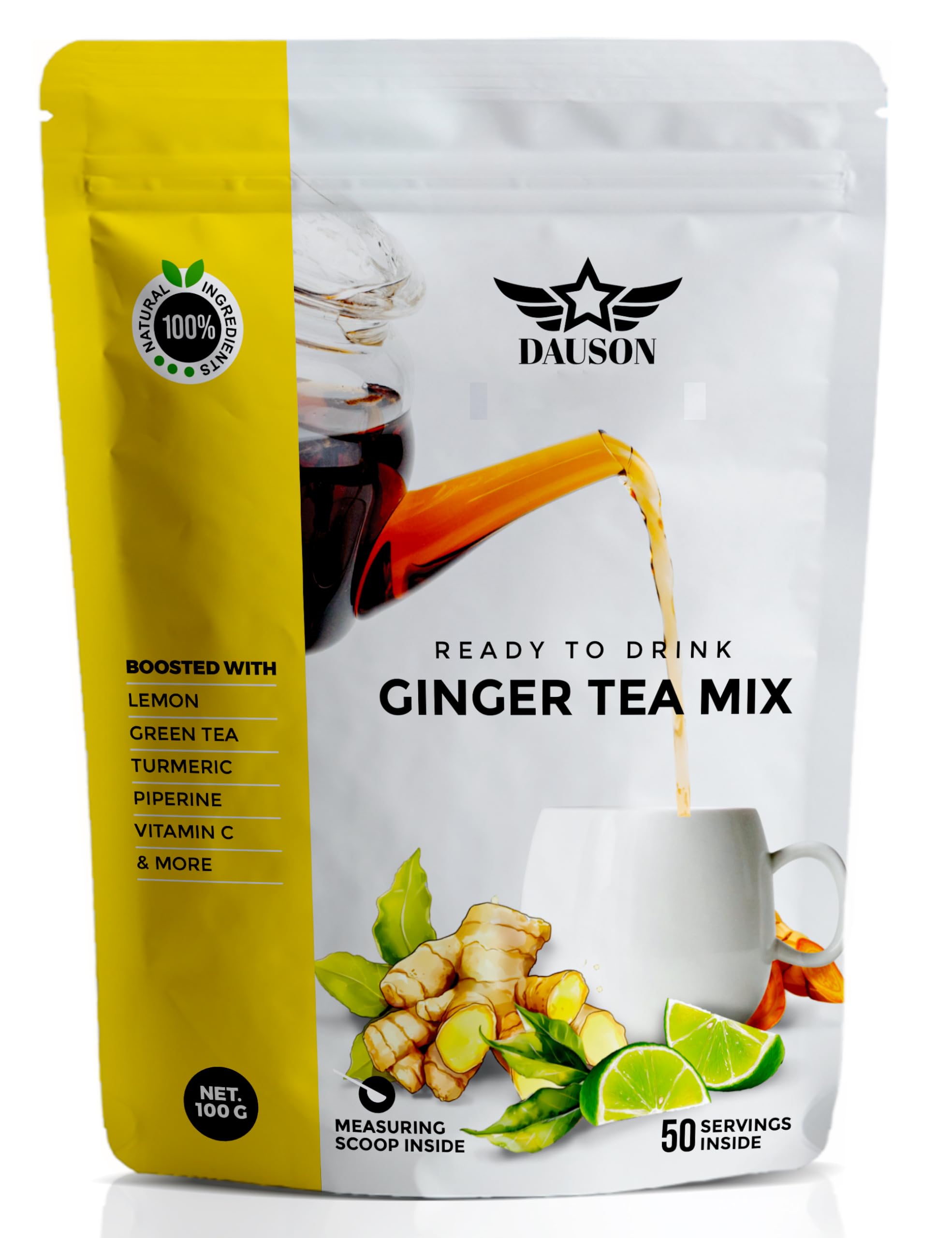 Ginger Turmeric Mix – 50 Servings - Refreshing Blend of Decaf Green Tea, Lemon, Licorice, Decaf Green Tea, Vitamin C – Caffeine-Free, Vegan, Gut-Friendly Detox Tea - Herbal Powder
